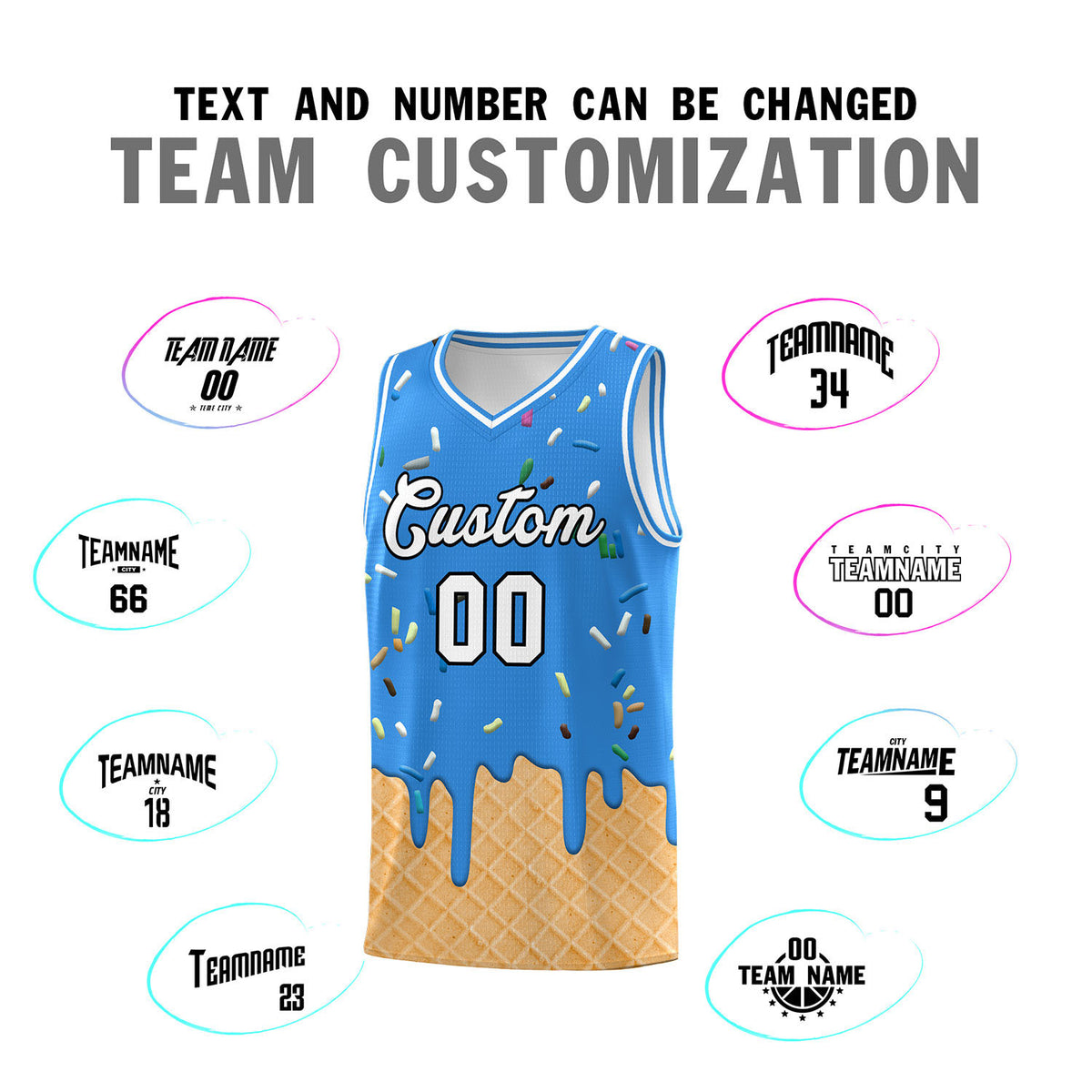 Custom Light Blue Basketball Kits with Ice Cream Element Pattern
