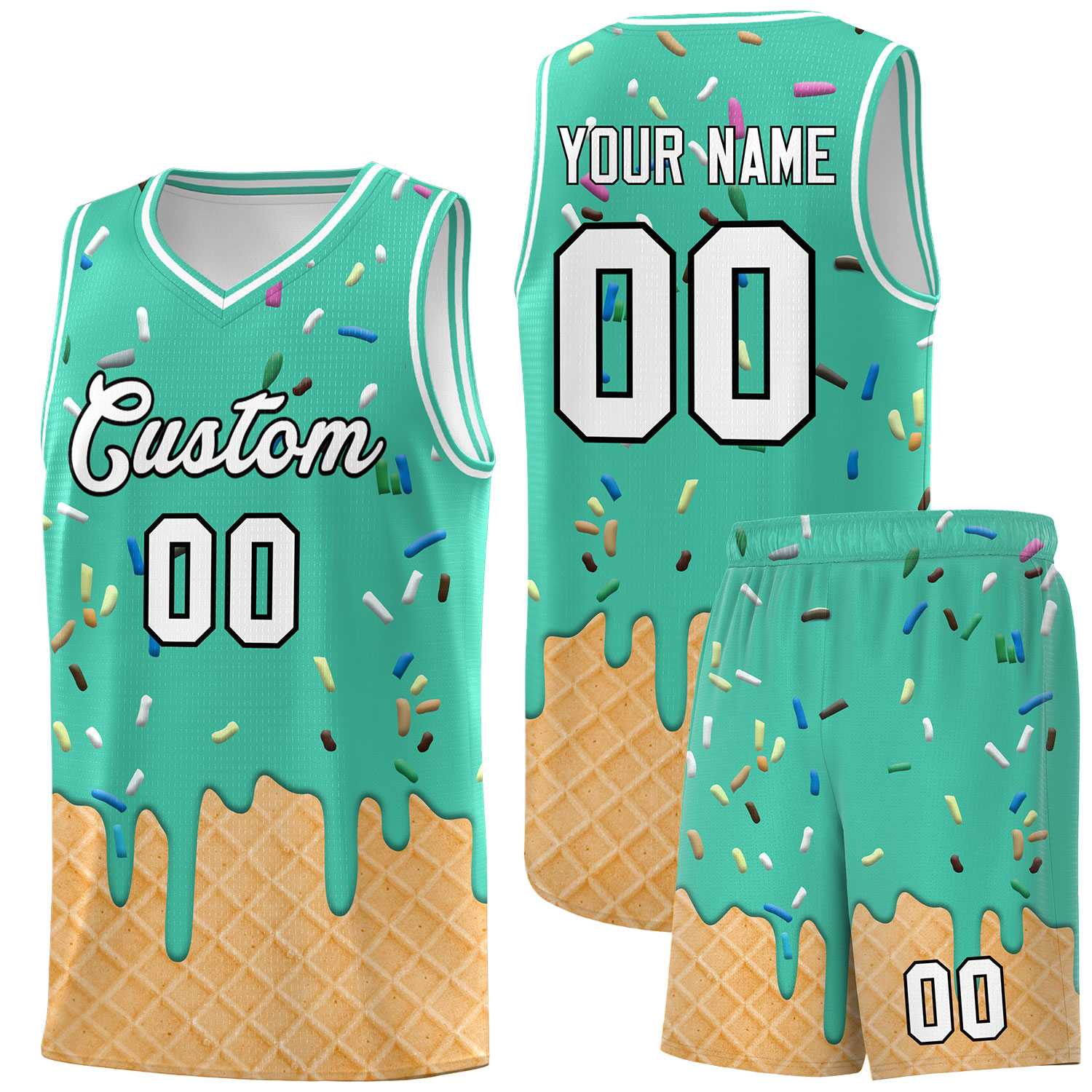 Custom Olive Basketball Kits with Ice Cream Element Pattern