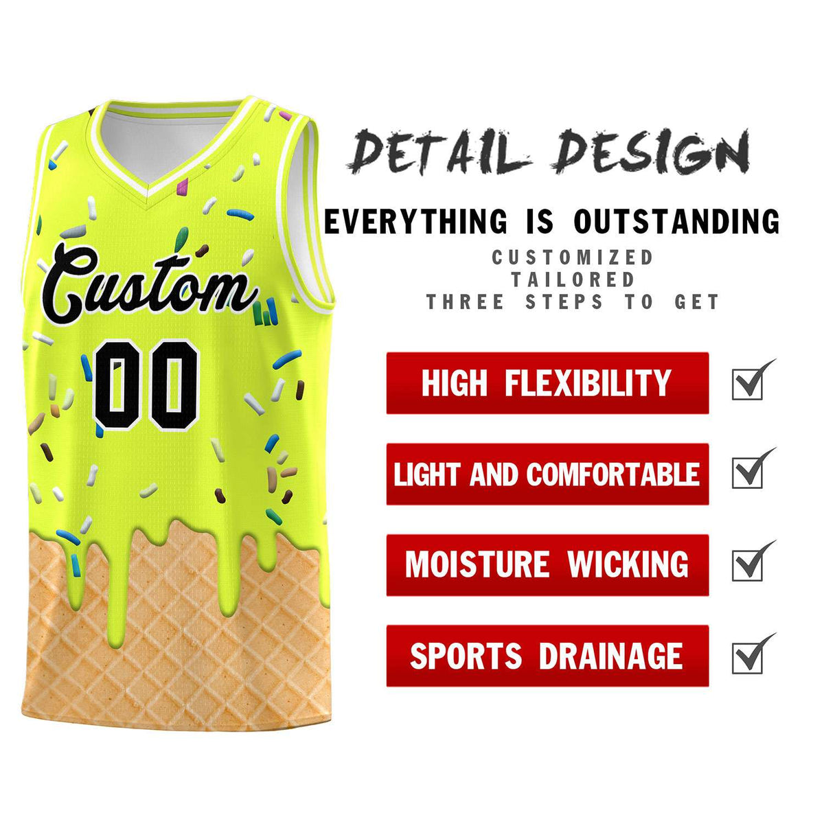 Custom Fluorescent Green Basketball Kits with Ice Cream Element Pattern