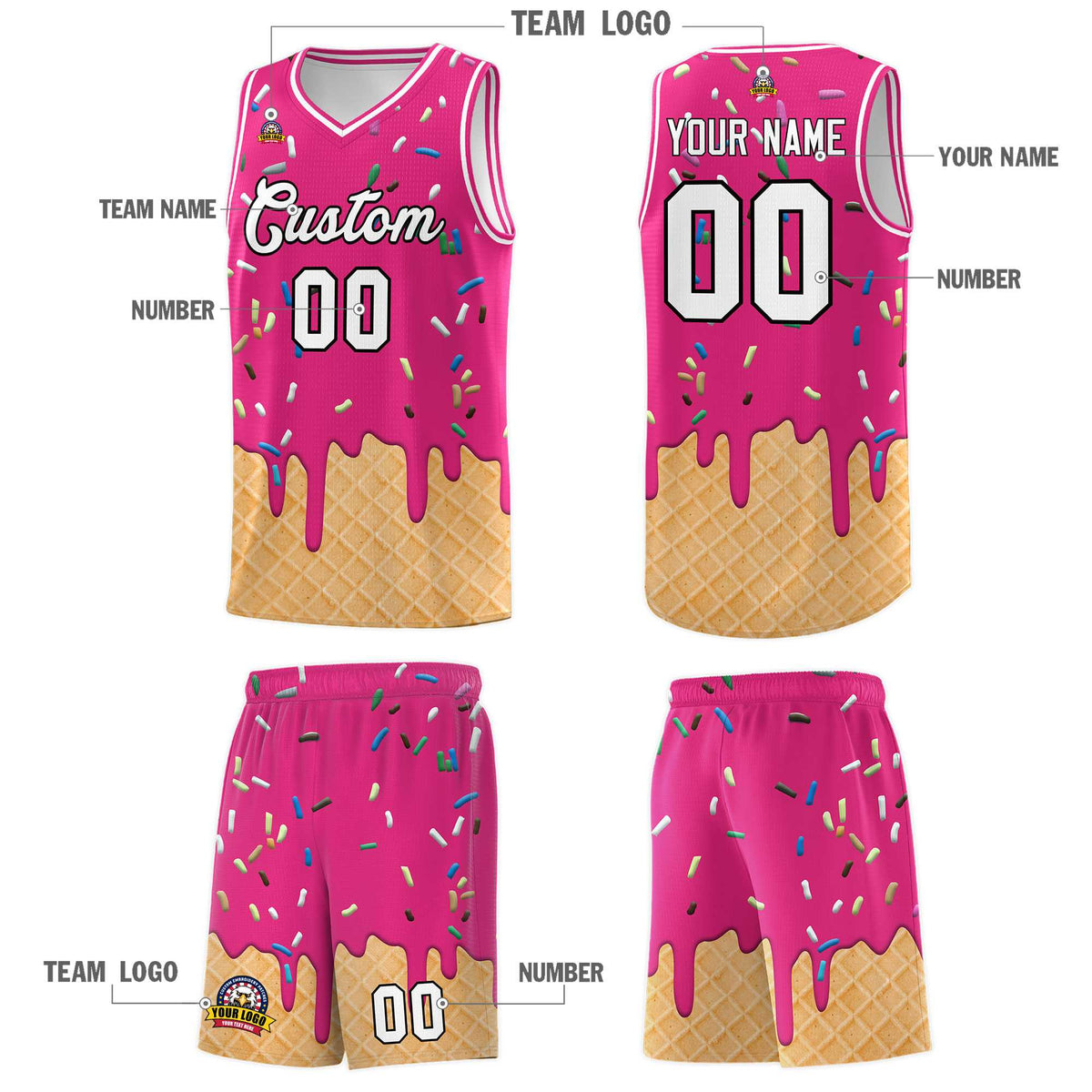 Custom Rose Red Basketball Kits with Ice Cream Element Pattern