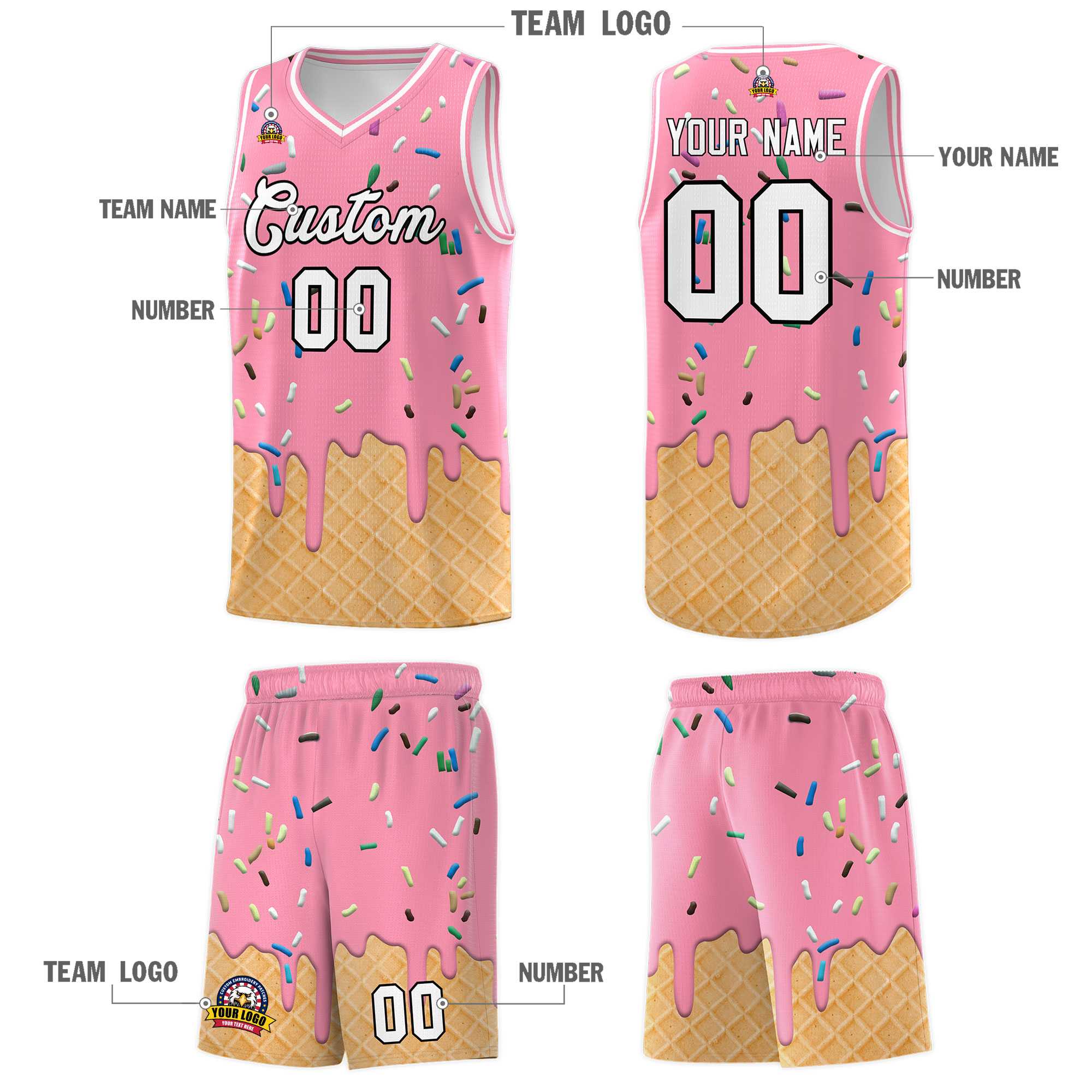 Custom Light Pink Basketball Kits with Ice Cream Element Pattern