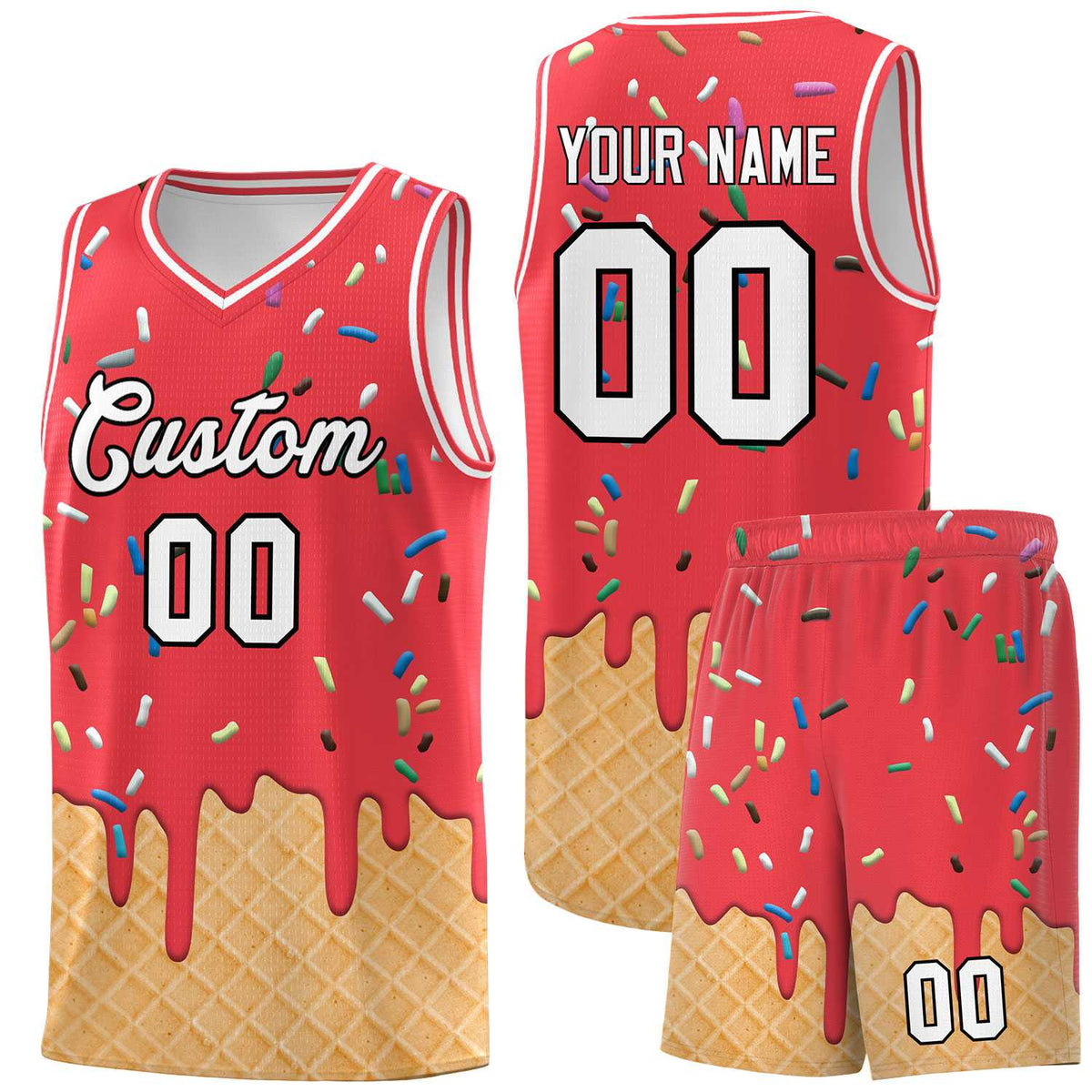 Custom Light Red Basketball Kits with Ice Cream Element Pattern