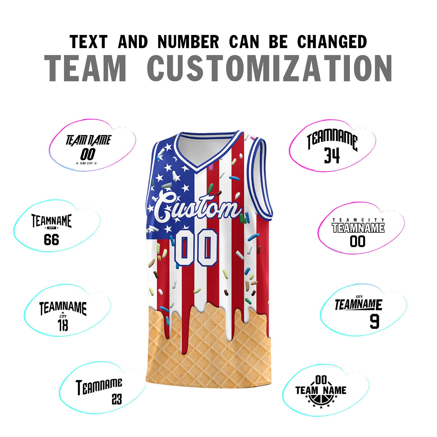 Custom American Flag Basketball Kits with Ice Cream Element Pattern
