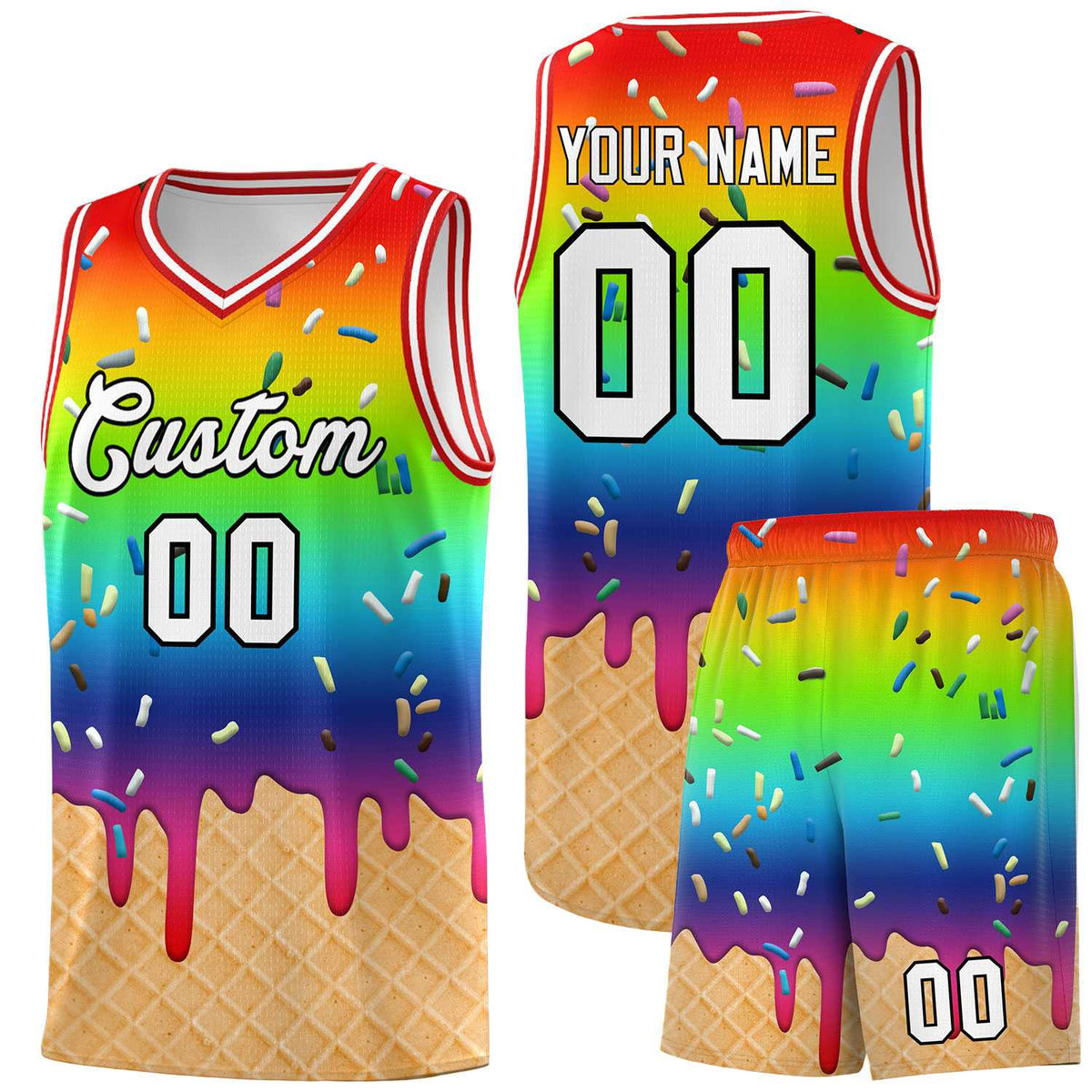 Custom Rainbow Basketball Kits with Ice Cream Element Pattern