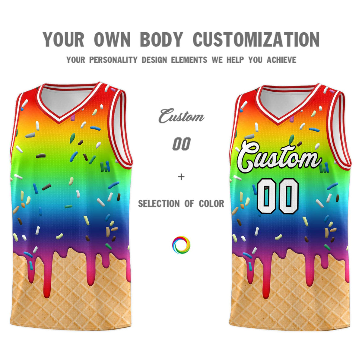Custom Rainbow Basketball Kits with Ice Cream Element Pattern