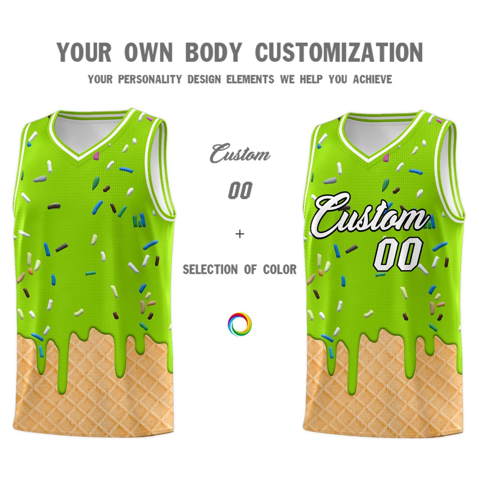Custom Neon Green Basketball Kits with Ice Cream Element Pattern