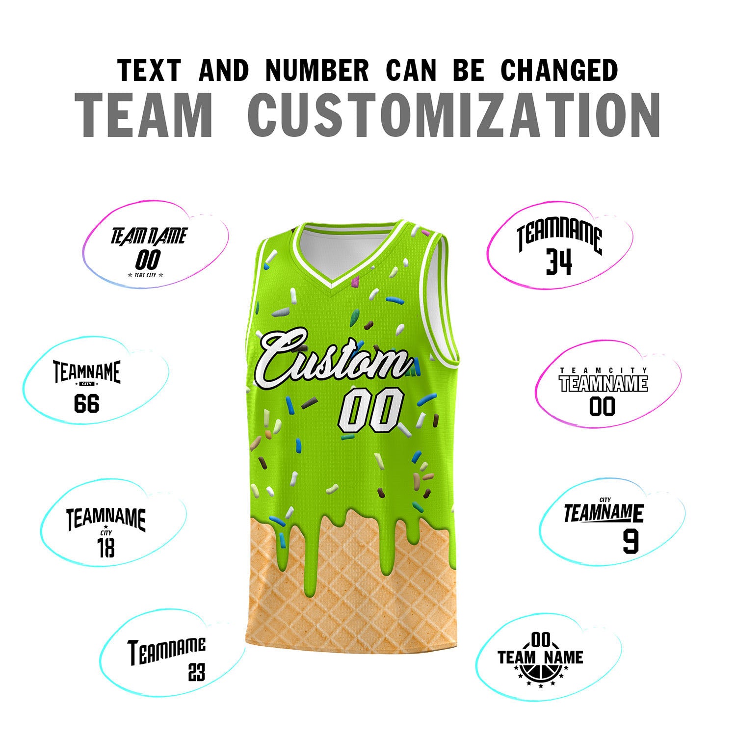 Custom Neon Green Basketball Kits with Ice Cream Element Pattern