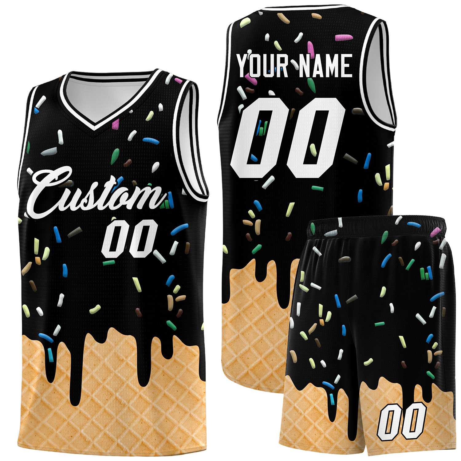 Custom Black Basketball Kits with Ice Cream Element Pattern