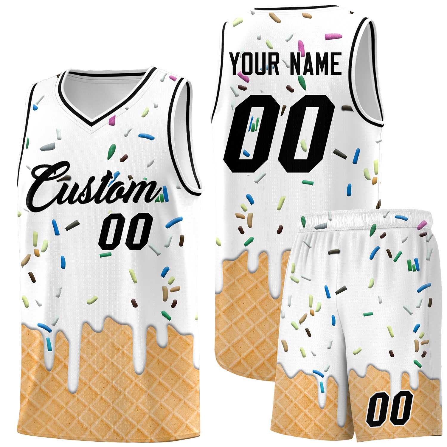 Custom White Basketball Kits with Ice Cream Element Pattern