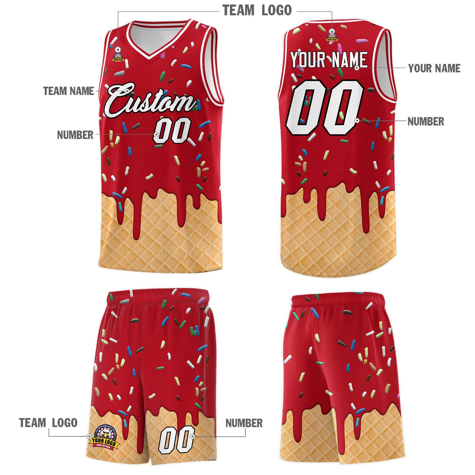 Custom Red Basketball Kits with Ice Cream Element Pattern