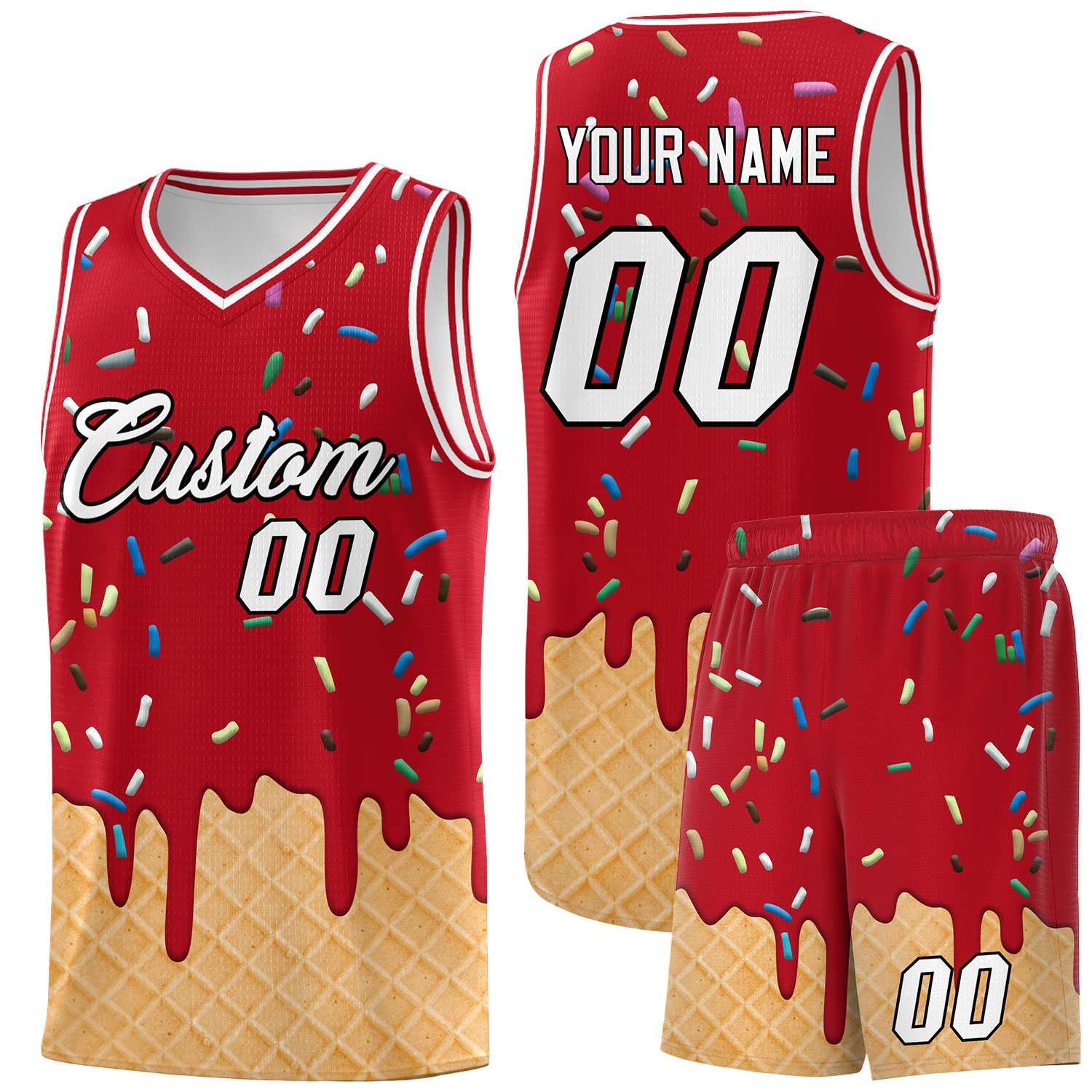 Custom Red Basketball Kits with Ice Cream Element Pattern