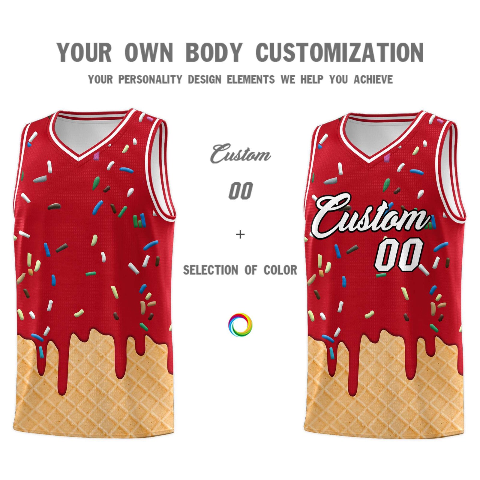 Custom Red Basketball Kits with Ice Cream Element Pattern