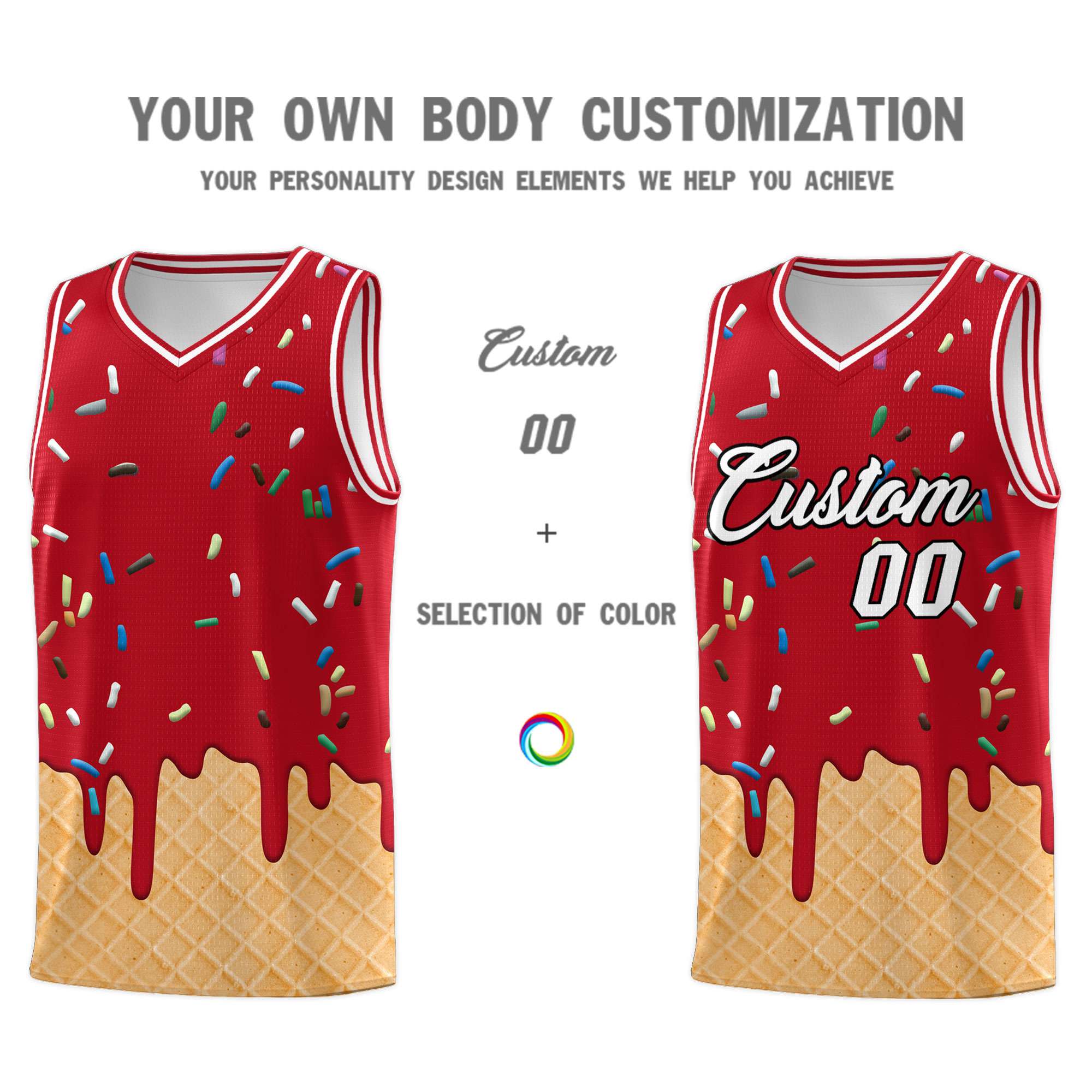 Custom Red Basketball Kits with Ice Cream Element Pattern