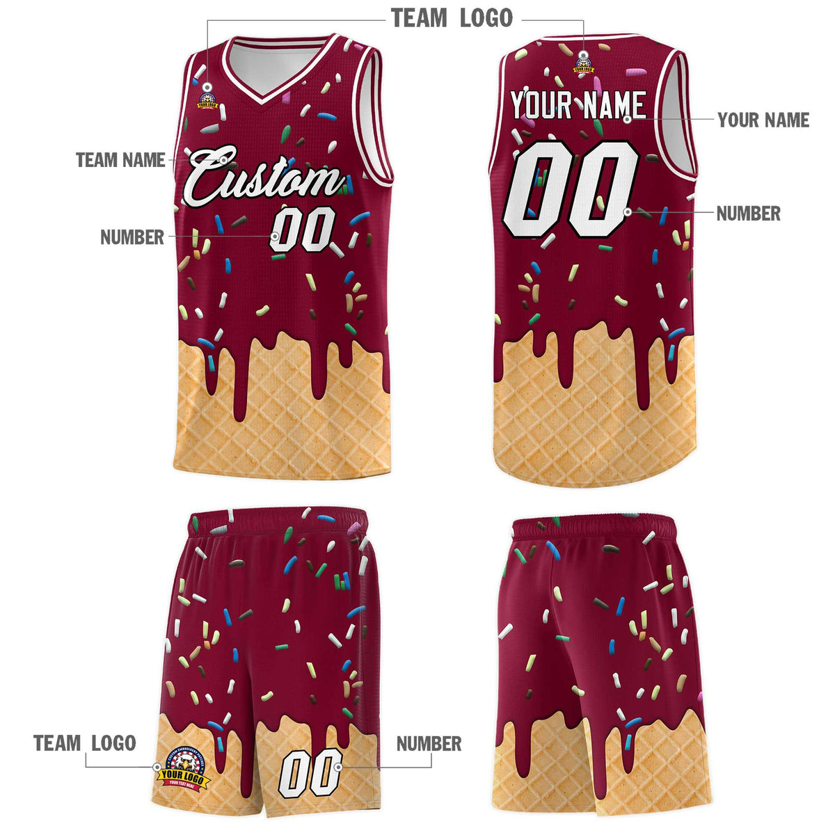 Custom Crimson Basketball Kits with Ice Cream Element Pattern