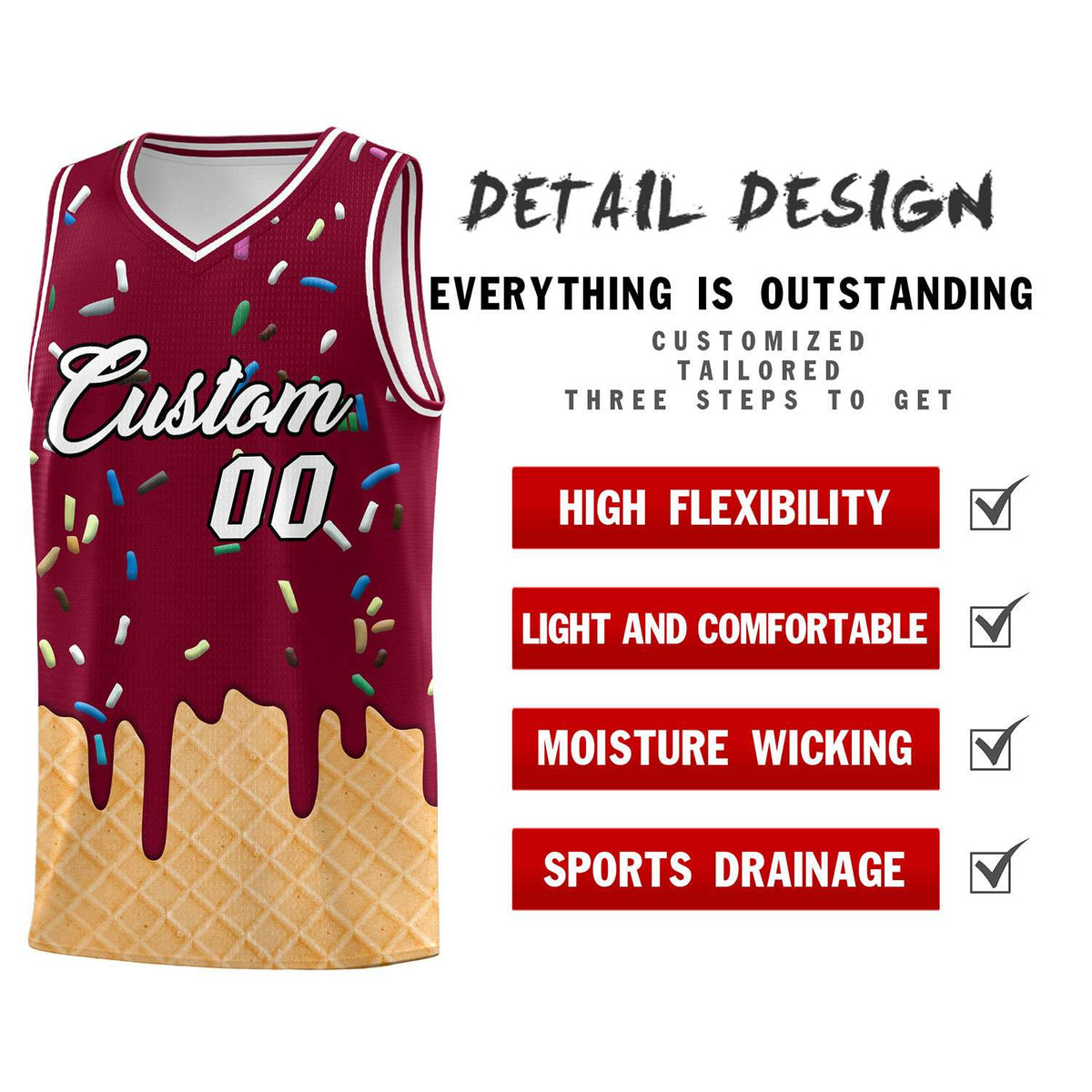 Custom Crimson Basketball Kits with Ice Cream Element Pattern
