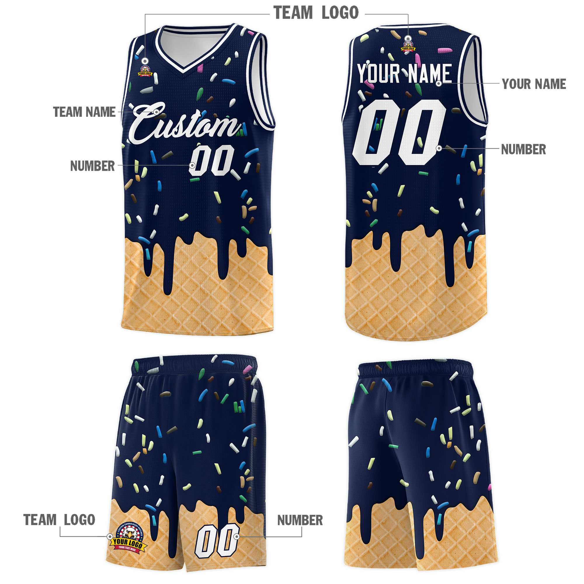 Custom Navy Basketball Kits with Ice Cream Element Pattern