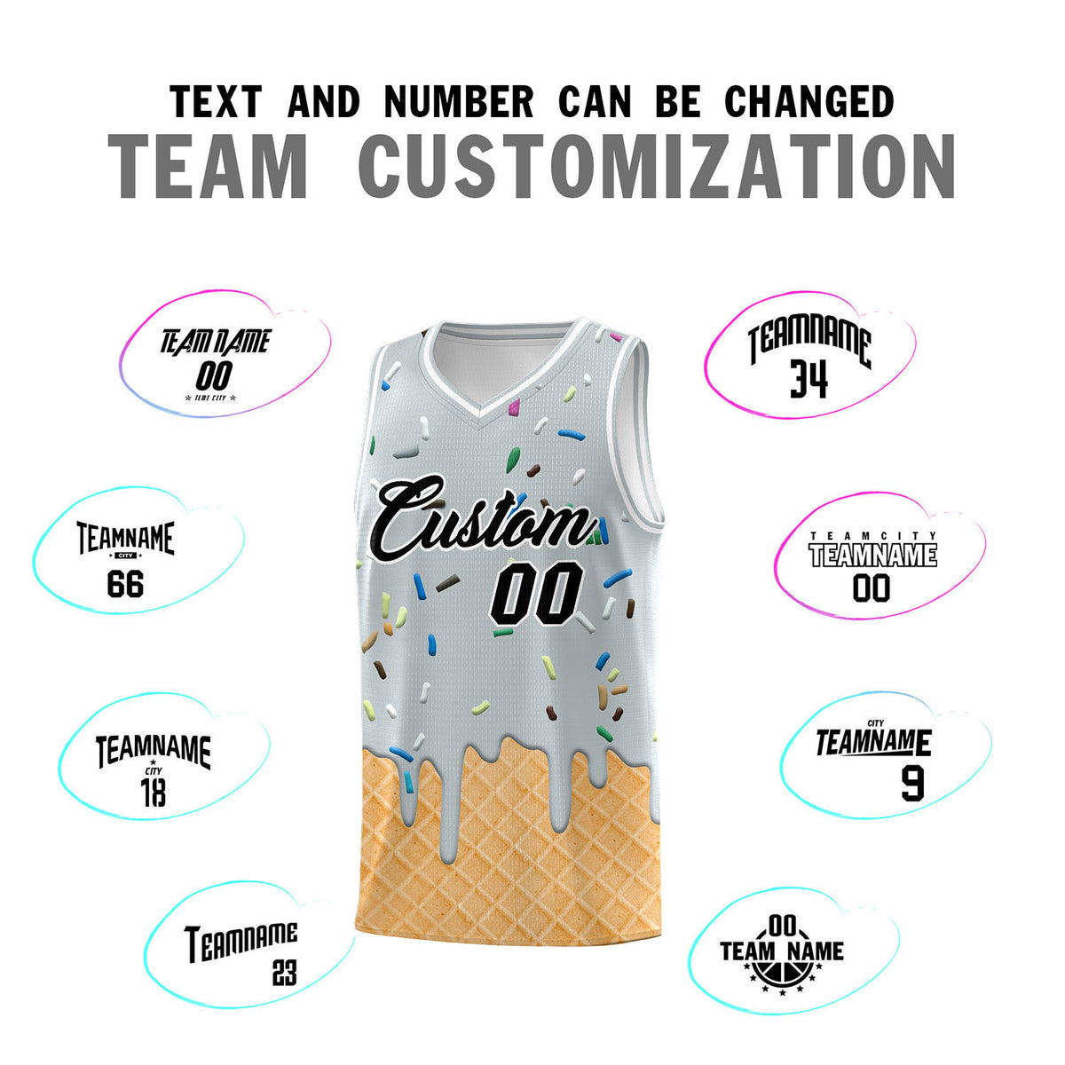 Custom Silver Basketball Kits with Ice Cream Element Pattern
