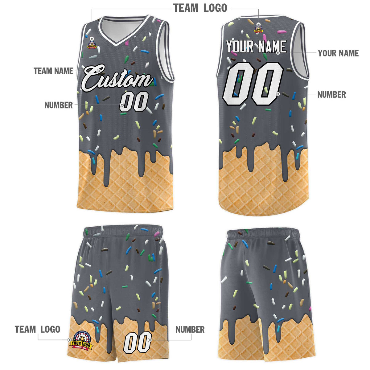 Custom Gray Basketball Kits with Ice Cream Element Pattern
