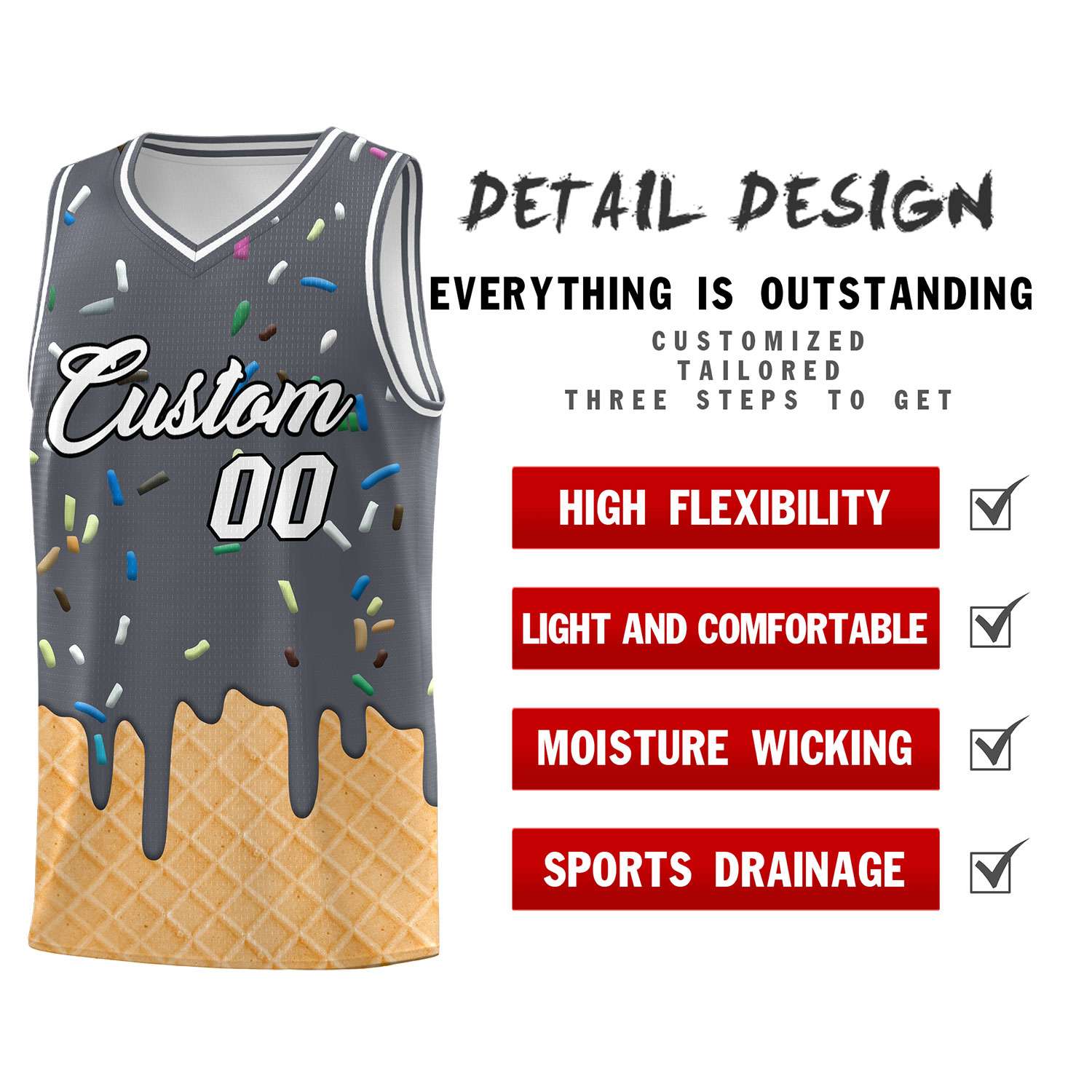 Custom Gray Basketball Kits with Ice Cream Element Pattern