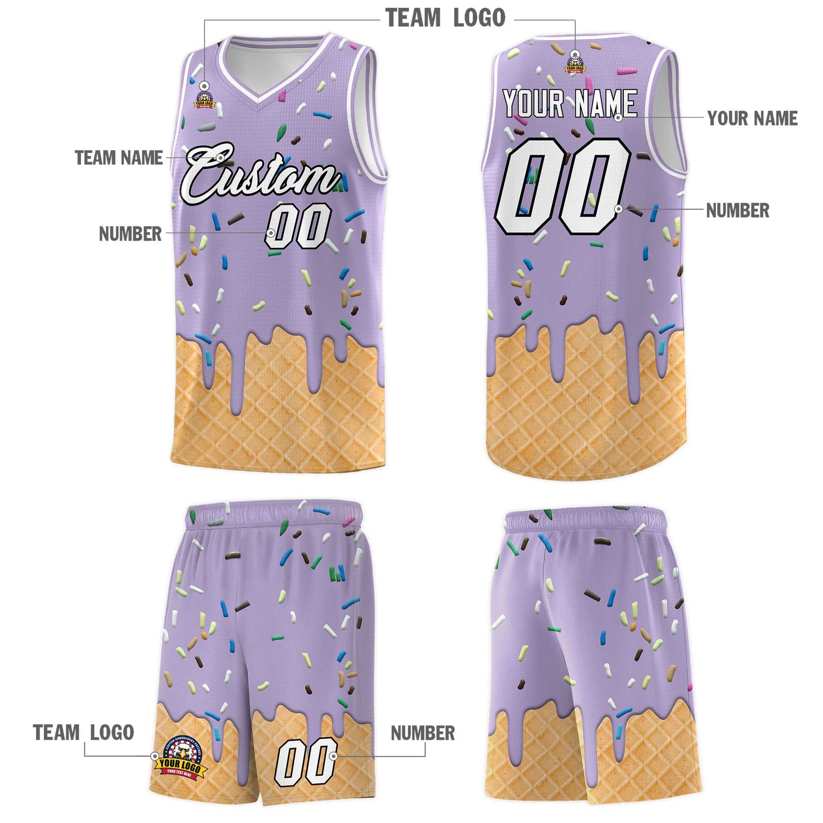 Custom Light Purple Basketball Kits with Ice Cream Element Pattern
