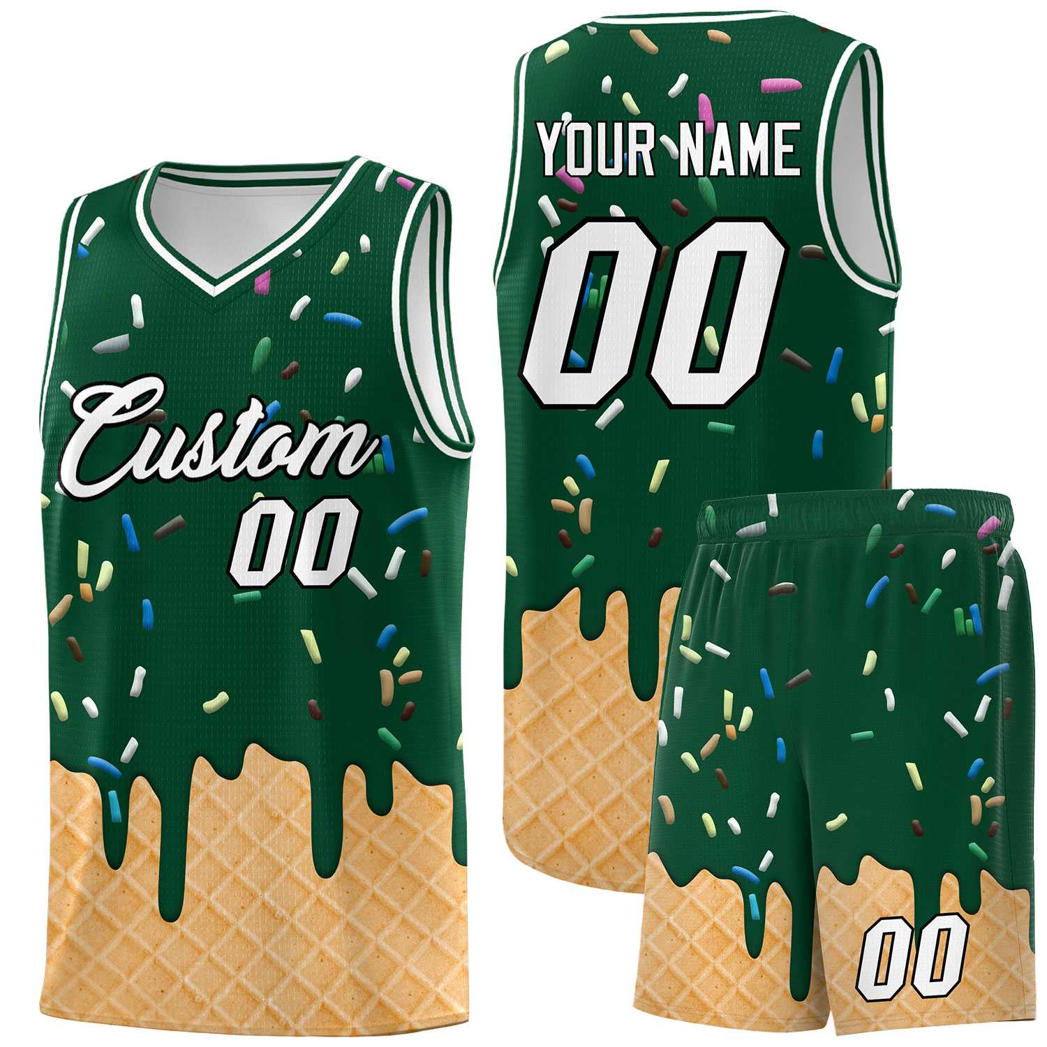 Custom Green Basketball Kits with Ice Cream Element Pattern