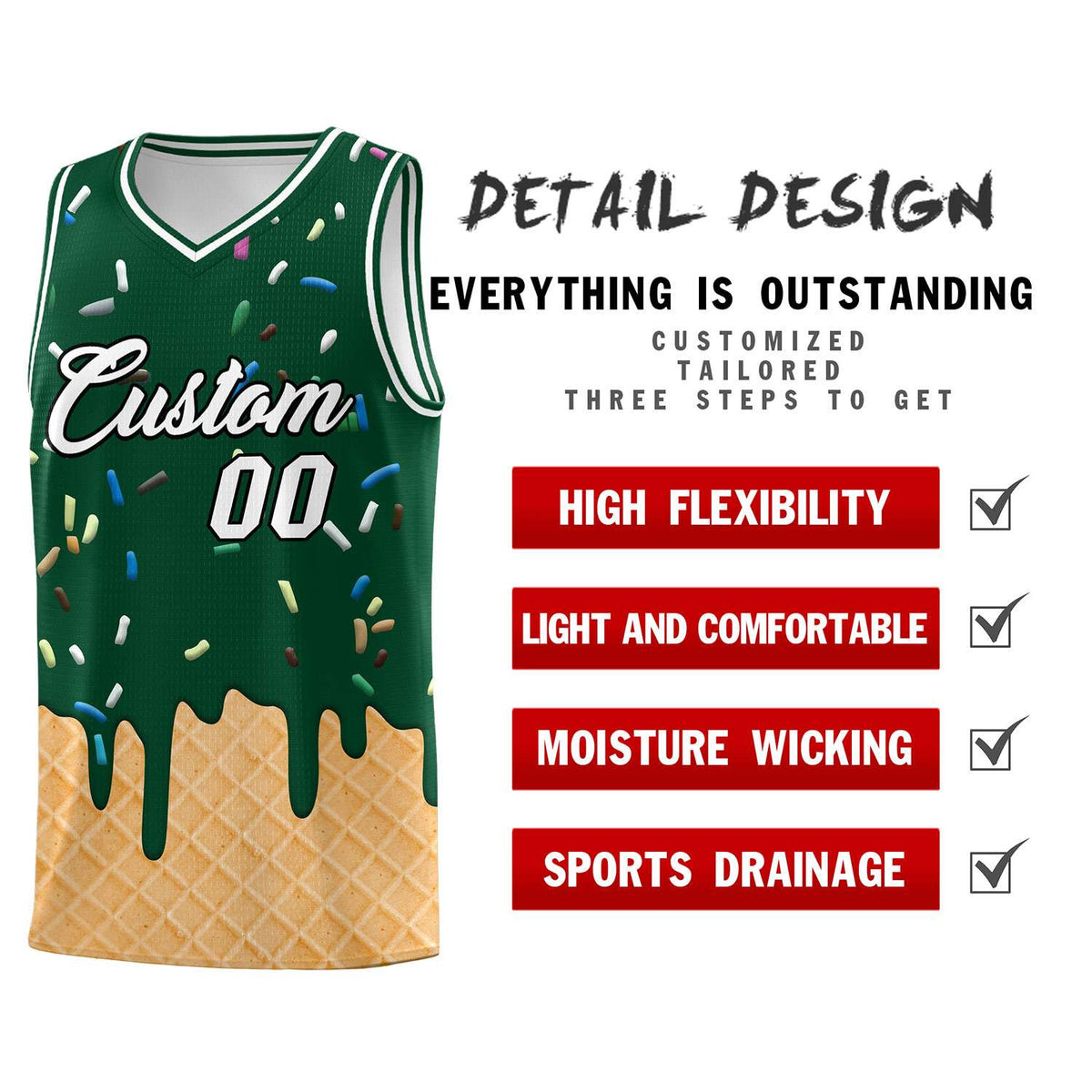Custom Green Basketball Kits with Ice Cream Element Pattern