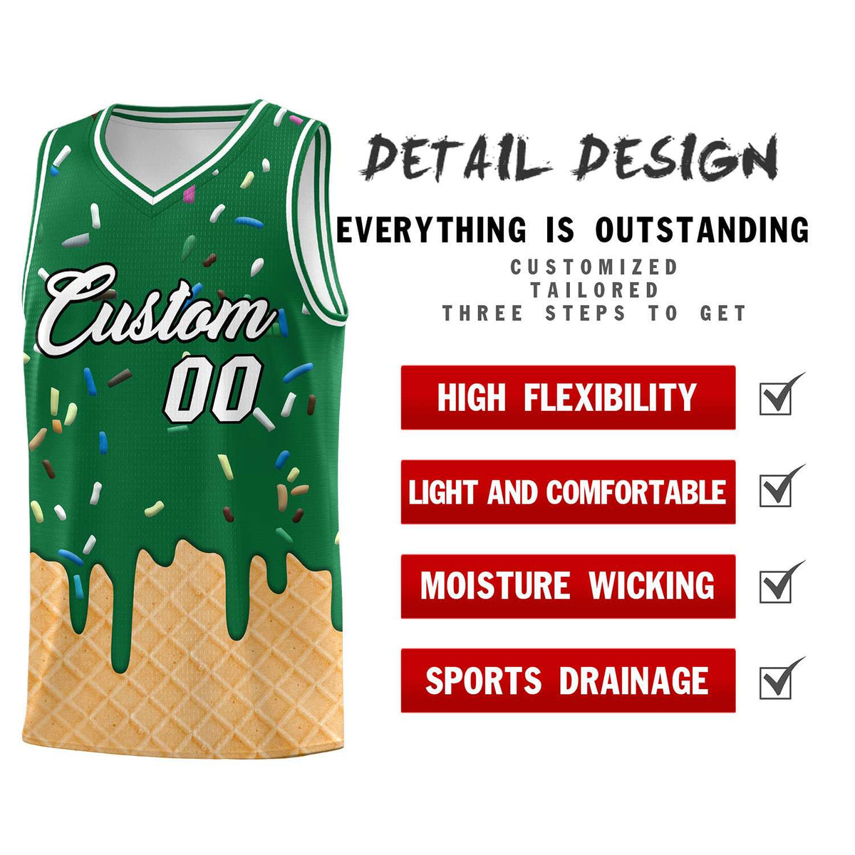 Custom Kelly Green Basketball Kits with Ice Cream Element Pattern