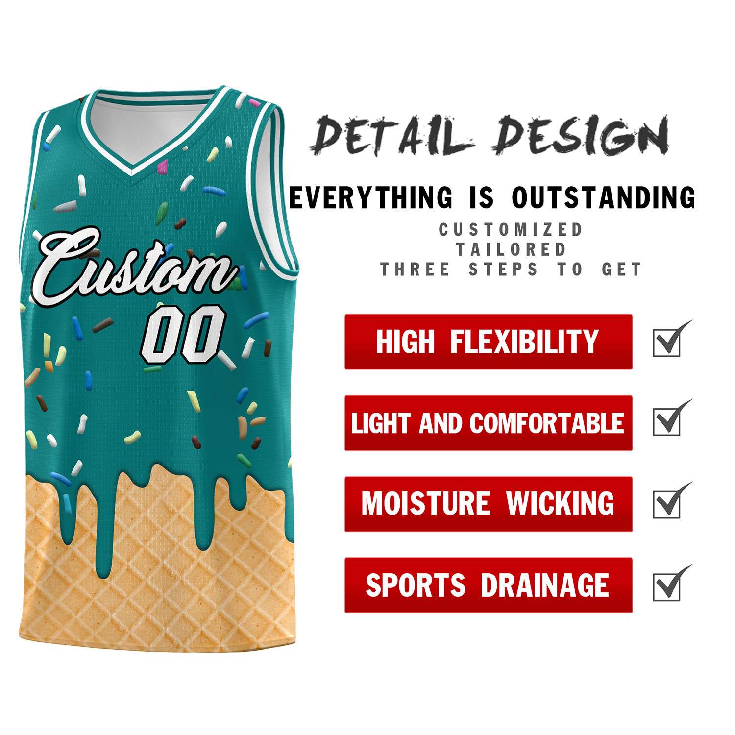 Custom Teal Basketball Kits with Ice Cream Element Pattern