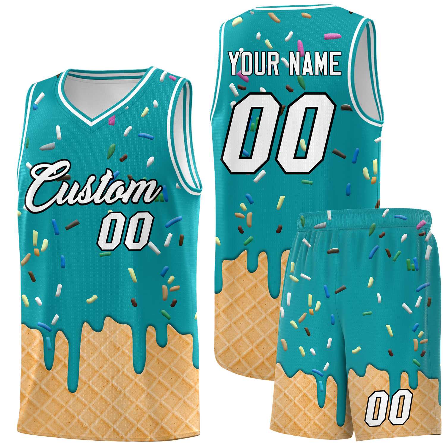 Custom Aqua Basketball Kits with Ice Cream Element Pattern