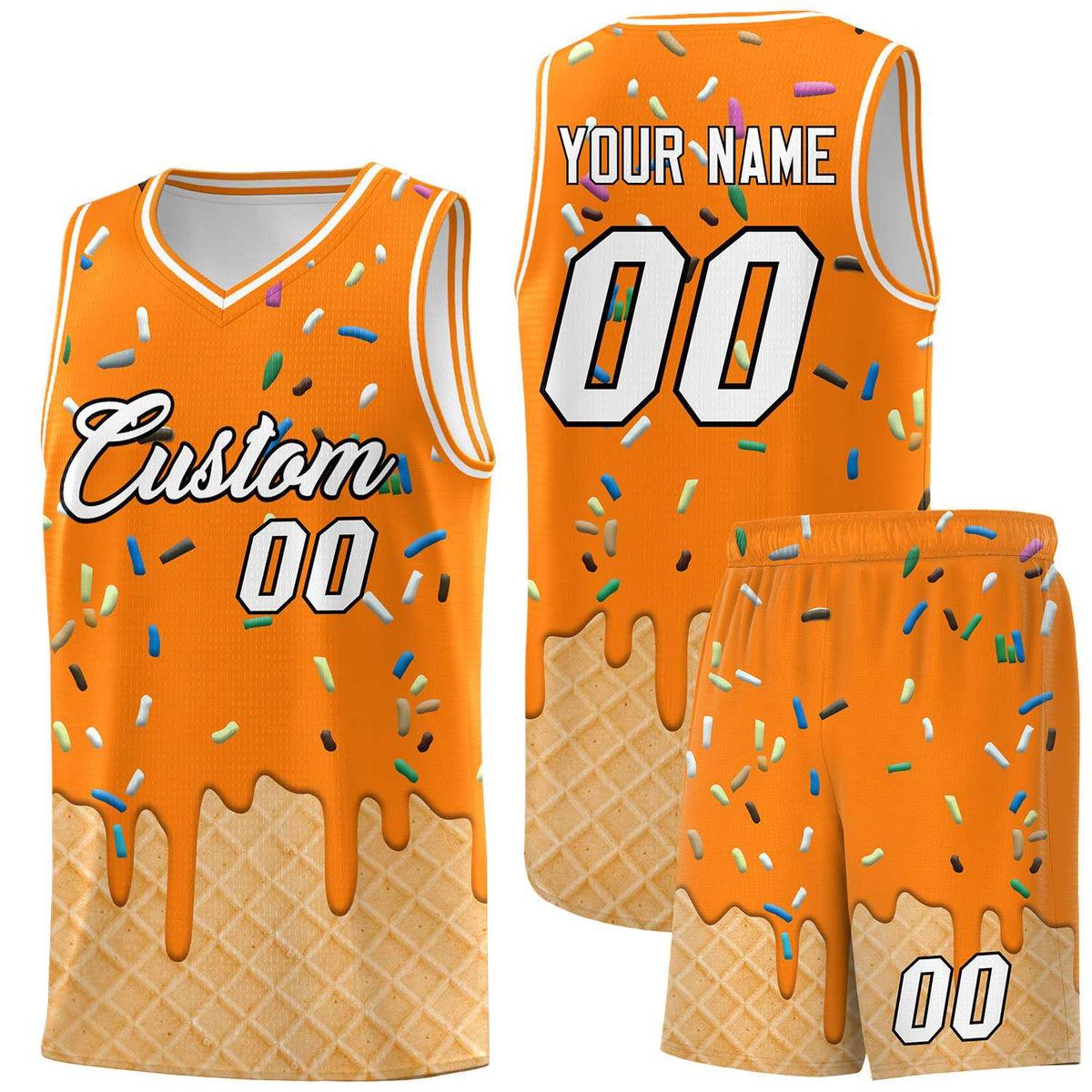 Custom Orange Basketball Kits with Ice Cream Element Pattern