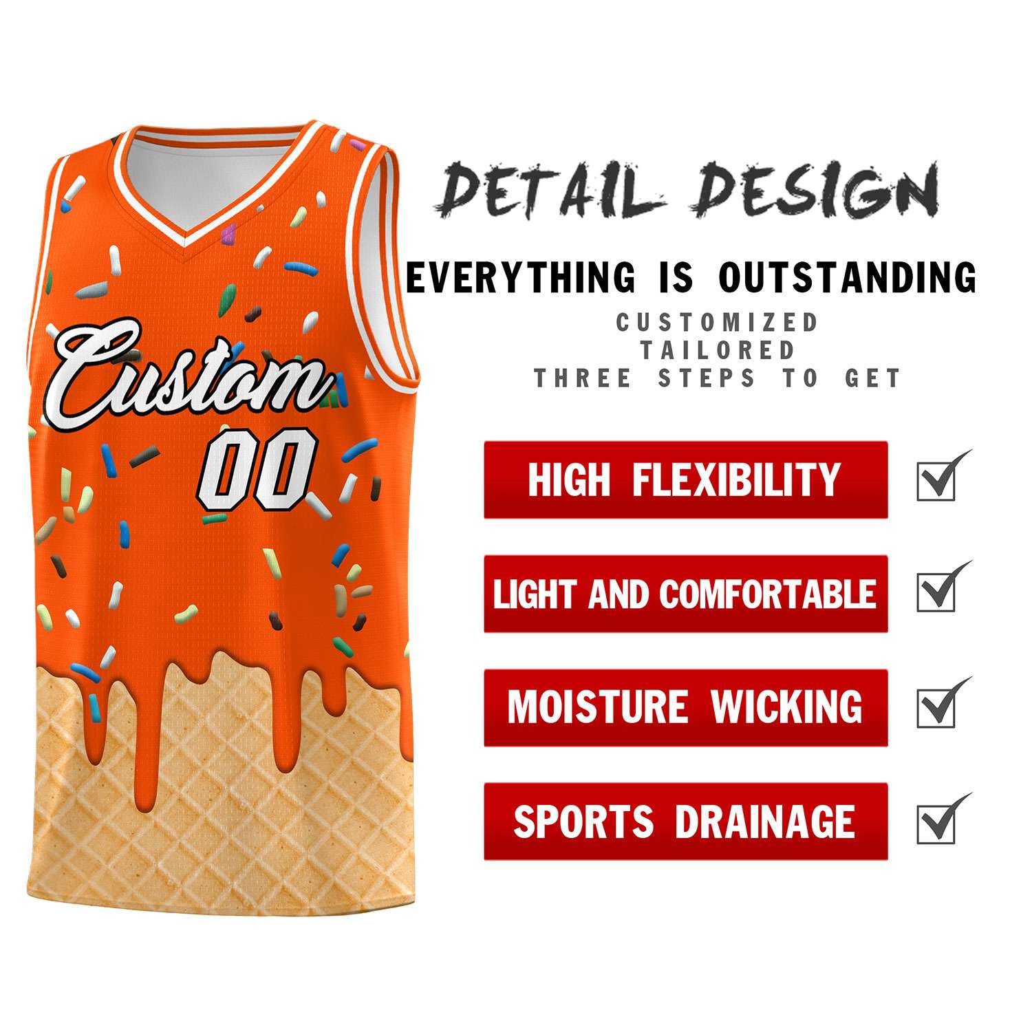 Custom Orange Basketball Kits with Ice Cream Element Pattern