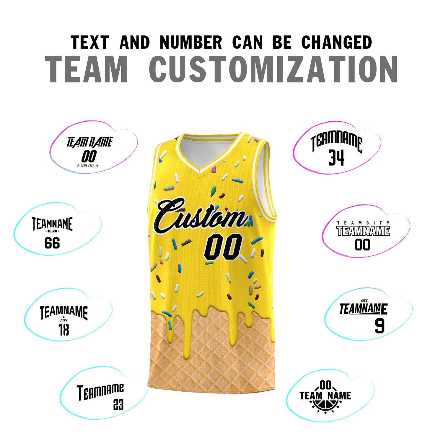 Custom Gold Basketball Kits with Ice Cream Element Pattern
