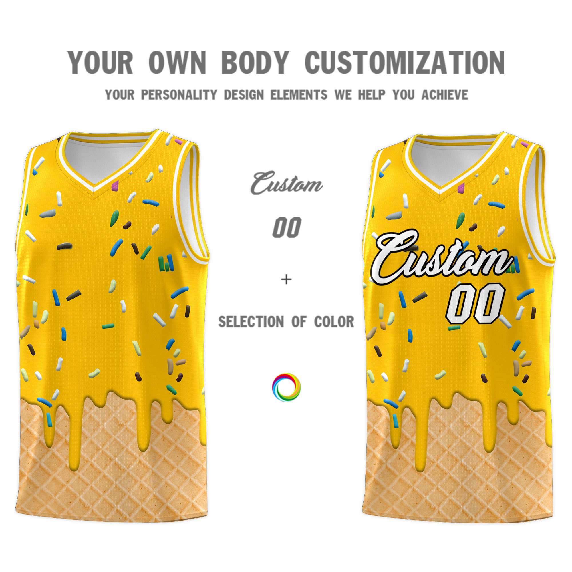 Custom Yellow Basketball Kits with Ice Cream Element Pattern