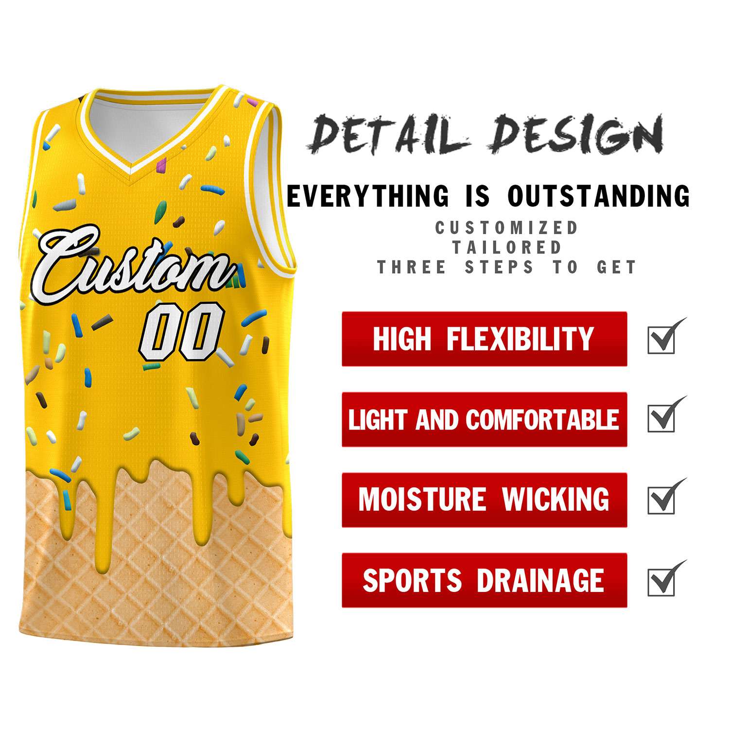 Custom Yellow Basketball Kits with Ice Cream Element Pattern