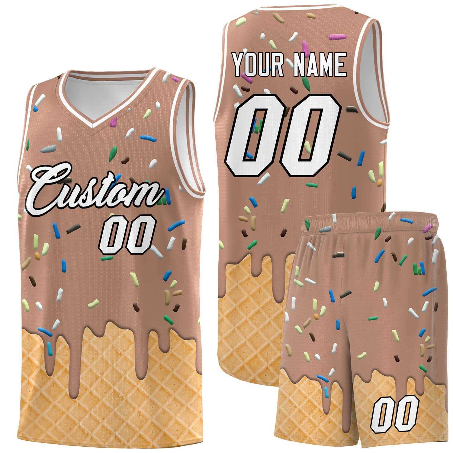 Custom Coffee Basketball Kits with Ice Cream Element Pattern