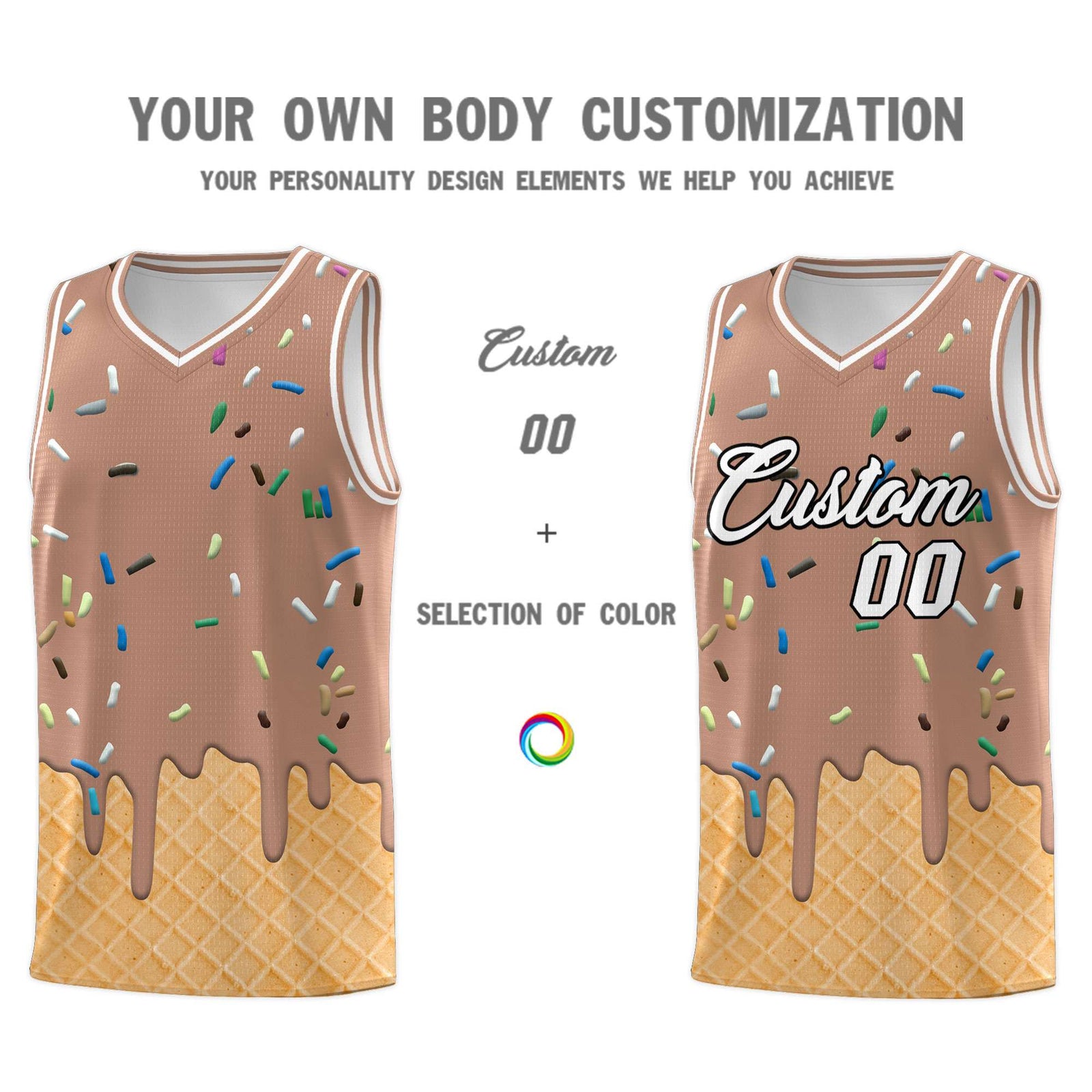 Custom Coffee Basketball Kits with Ice Cream Element Pattern