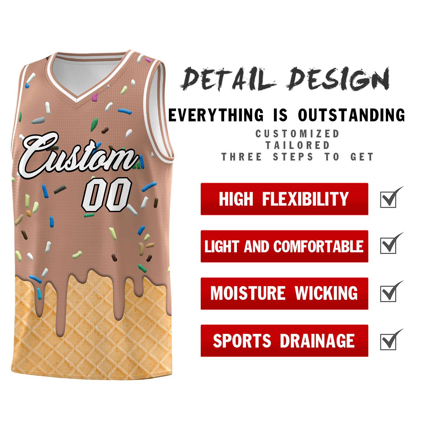 Custom Coffee Basketball Kits with Ice Cream Element Pattern