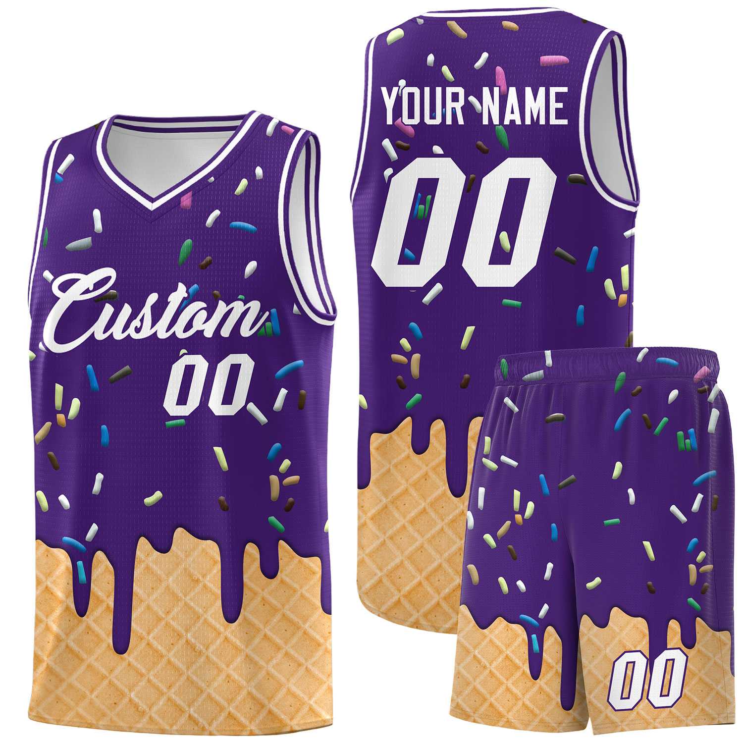 Custom Purple Basketball Kits with Ice Cream Element Pattern