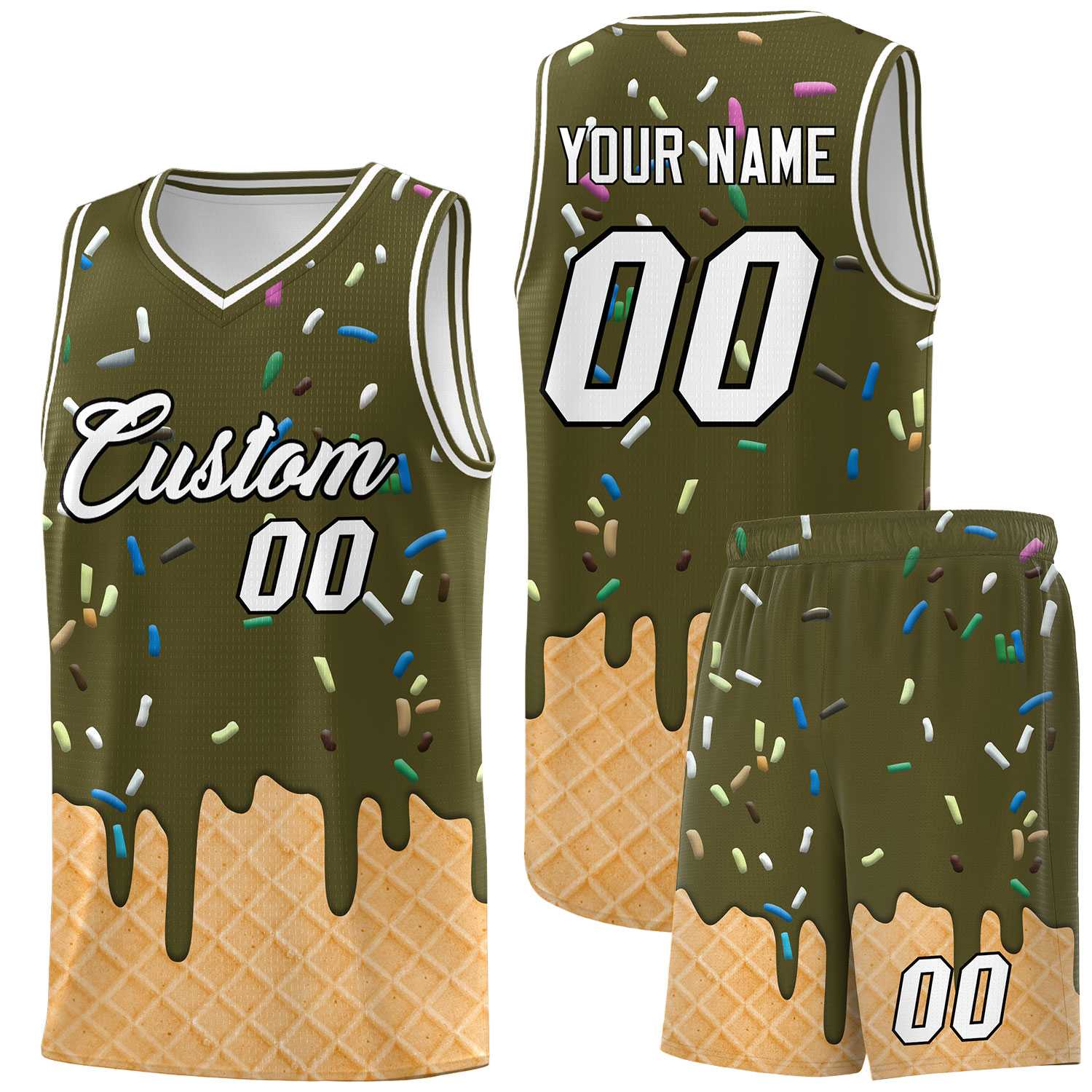 Custom Olive Basketball Kits with Ice Cream Element Pattern