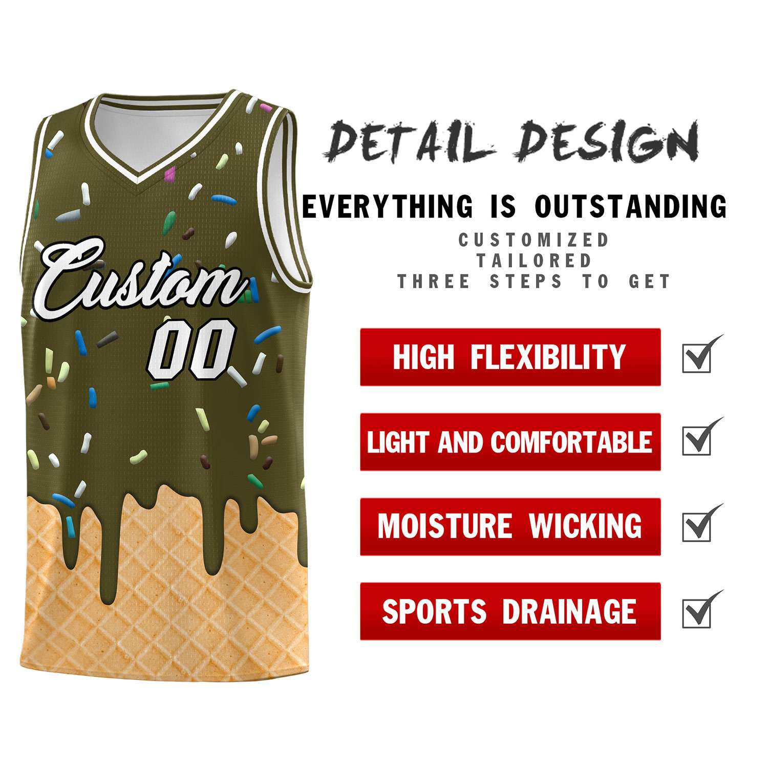 Custom Olive Basketball Kits with Ice Cream Element Pattern