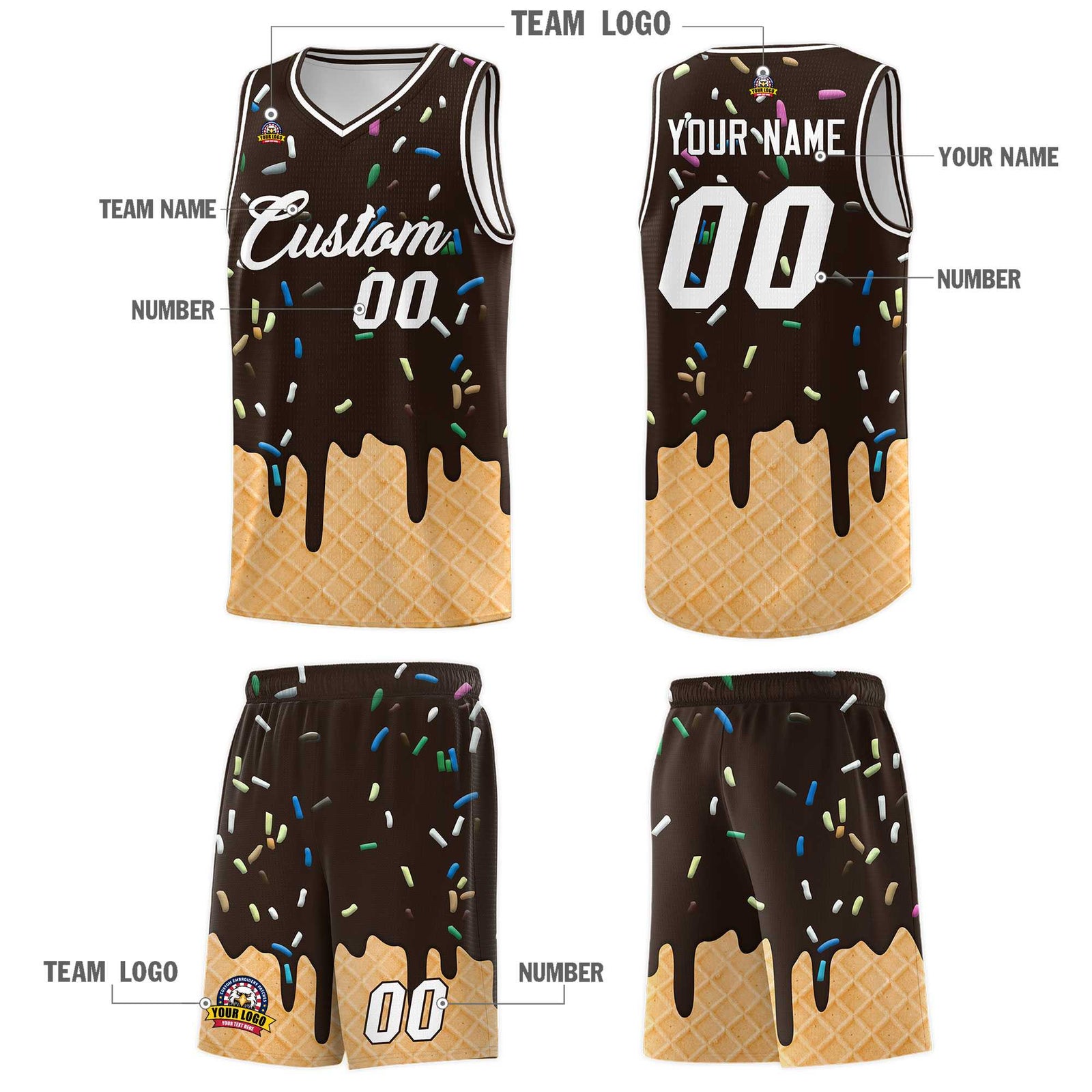 Custom Brown Basketball Kits with Ice Cream Element Pattern
