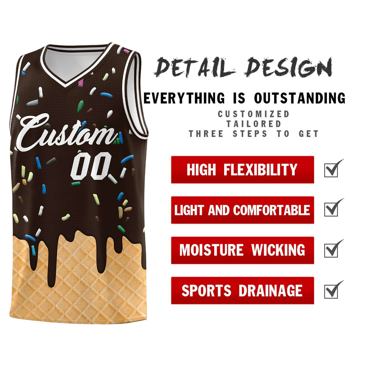 Custom Brown Basketball Kits with Ice Cream Element Pattern