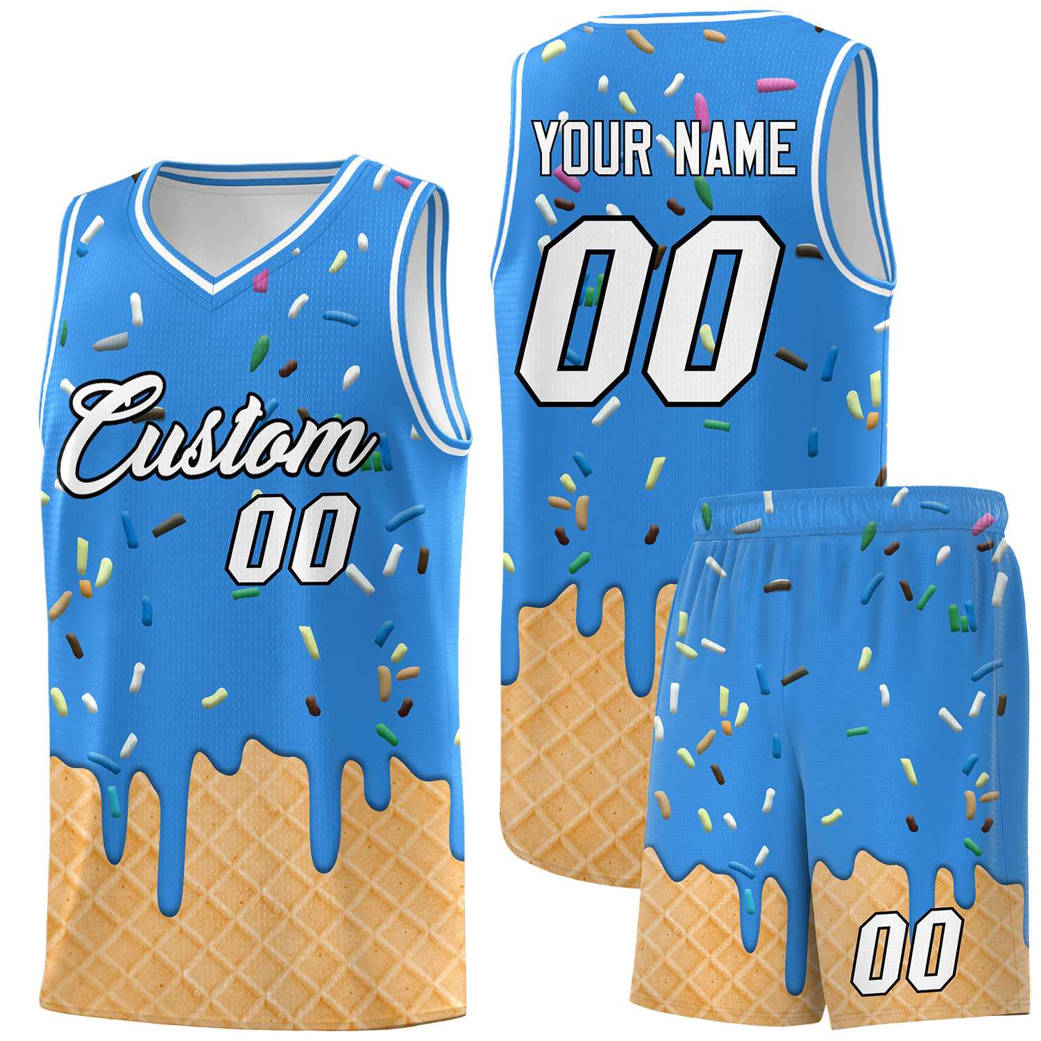 Custom Light Blue Basketball Kits with Ice Cream Element Pattern
