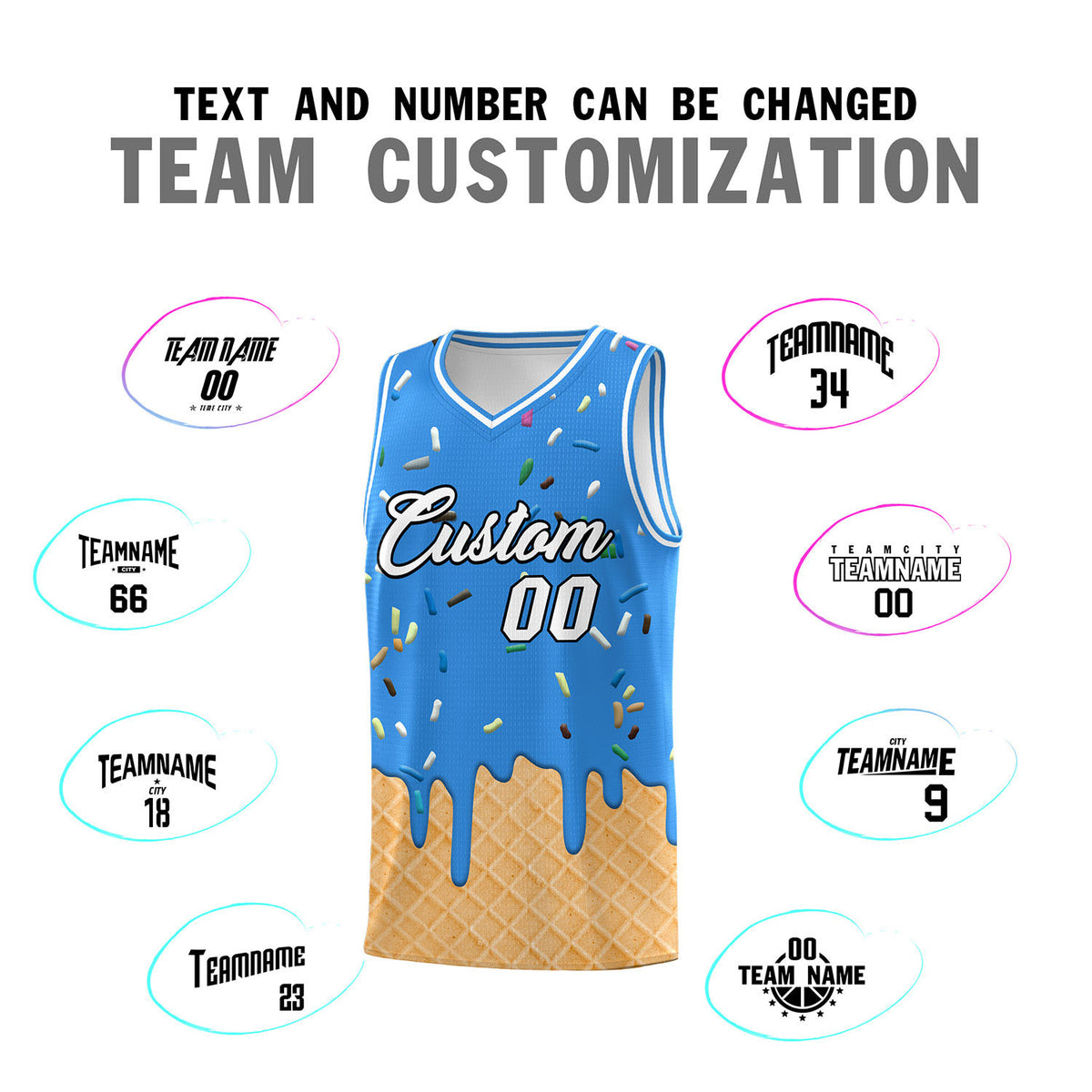 Custom Light Blue Basketball Kits with Ice Cream Element Pattern