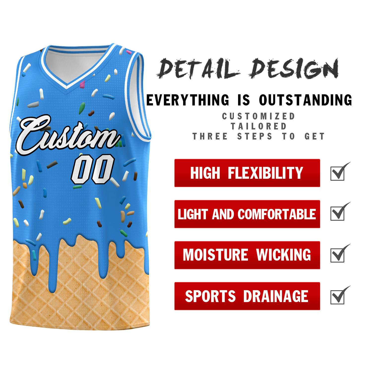 Custom Light Blue Basketball Kits with Ice Cream Element Pattern