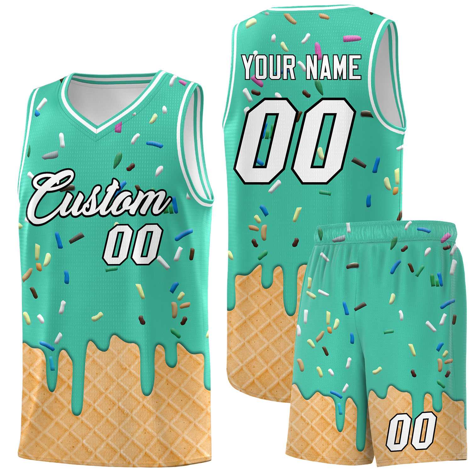 Custom Olive Basketball Kits with Ice Cream Element Pattern