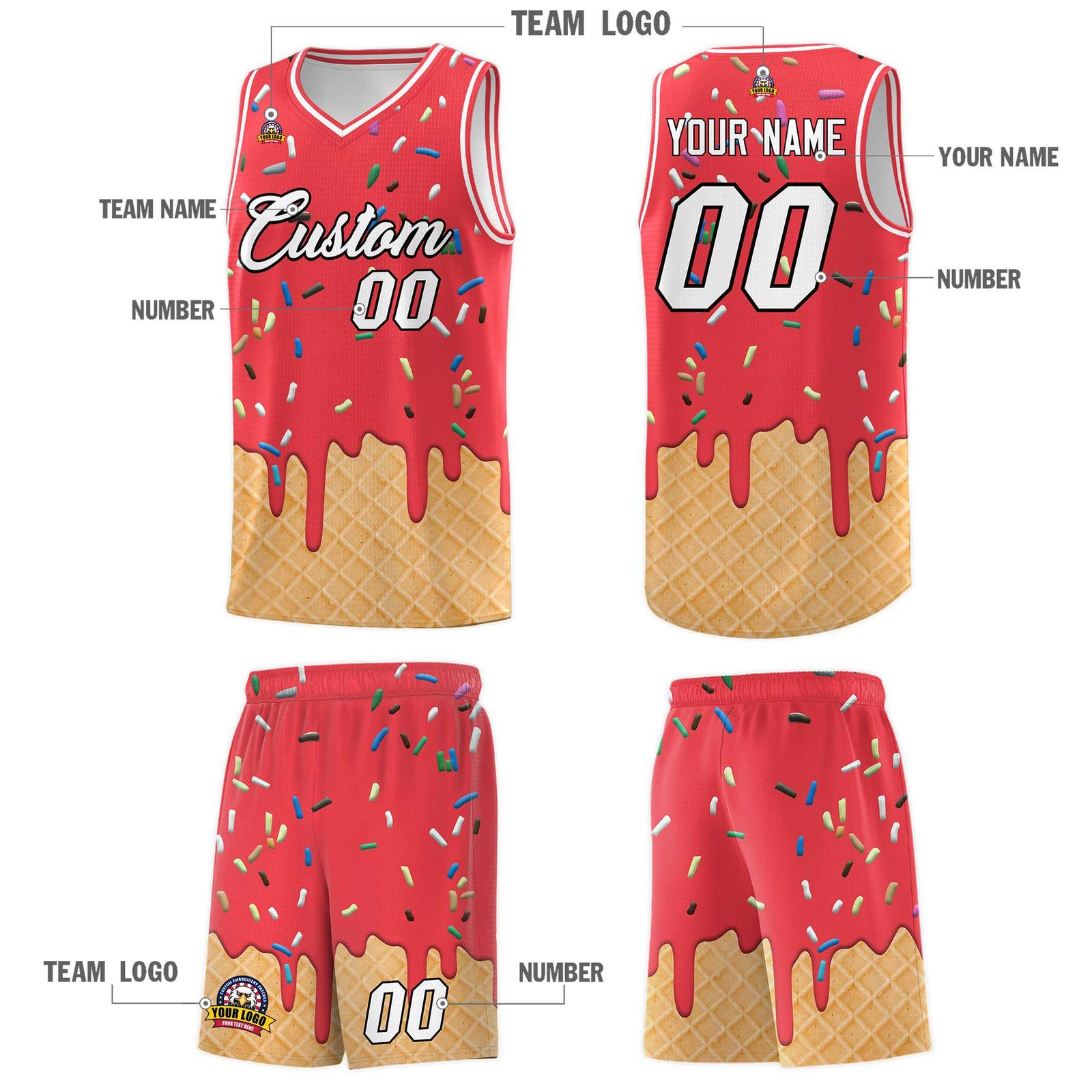 Custom Light Red Basketball Kits with Ice Cream Element Pattern