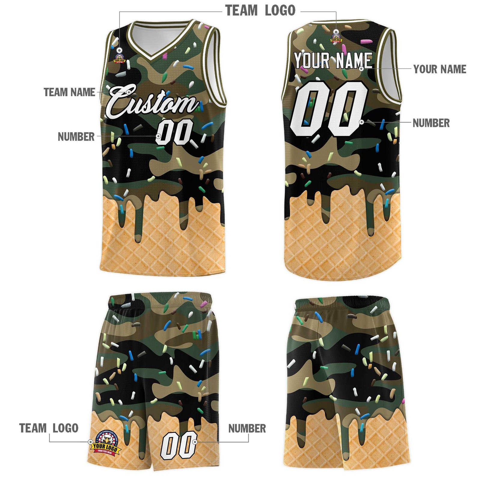 Custom Camo Basketball Kits with Ice Cream Element Pattern