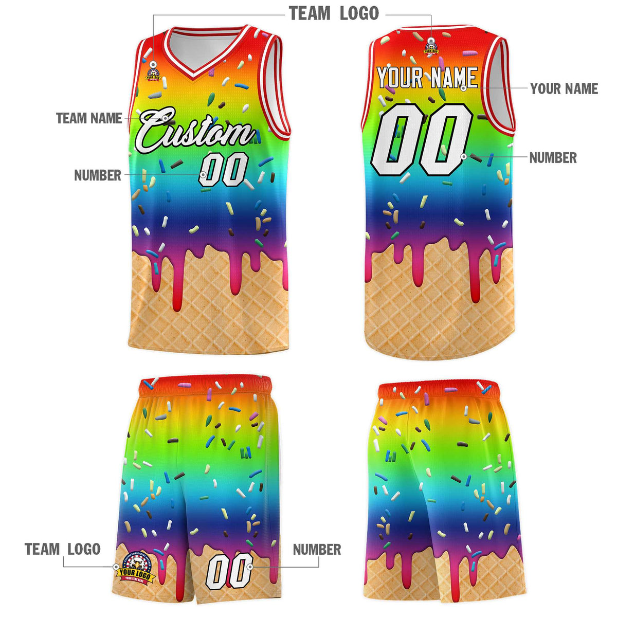Custom Rainbow Basketball Kits with Ice Cream Element Pattern