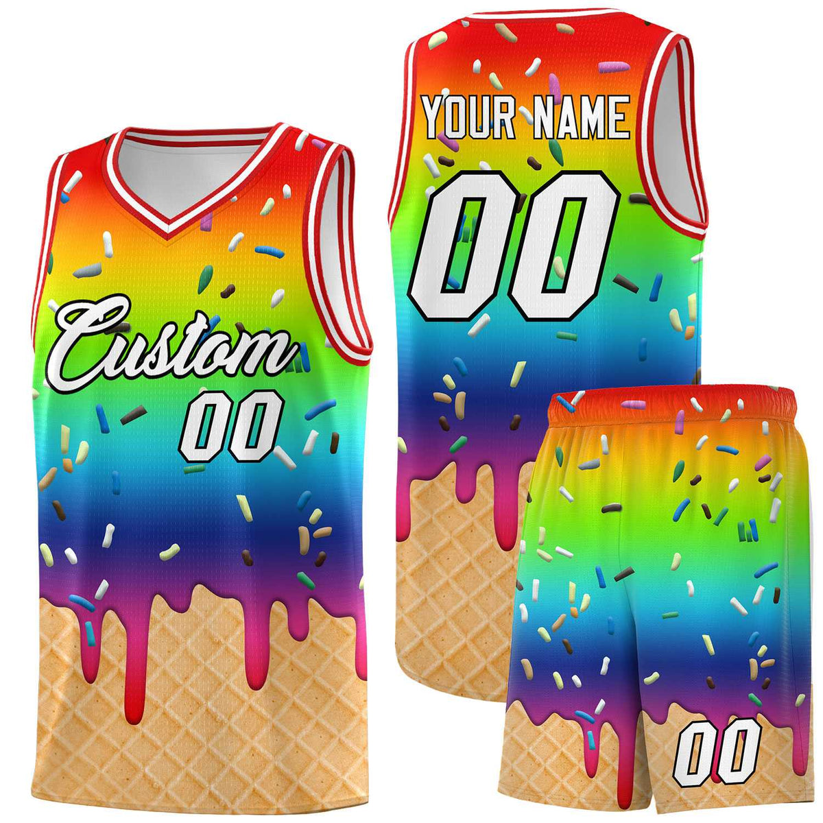 Custom Rainbow Basketball Kits with Ice Cream Element Pattern